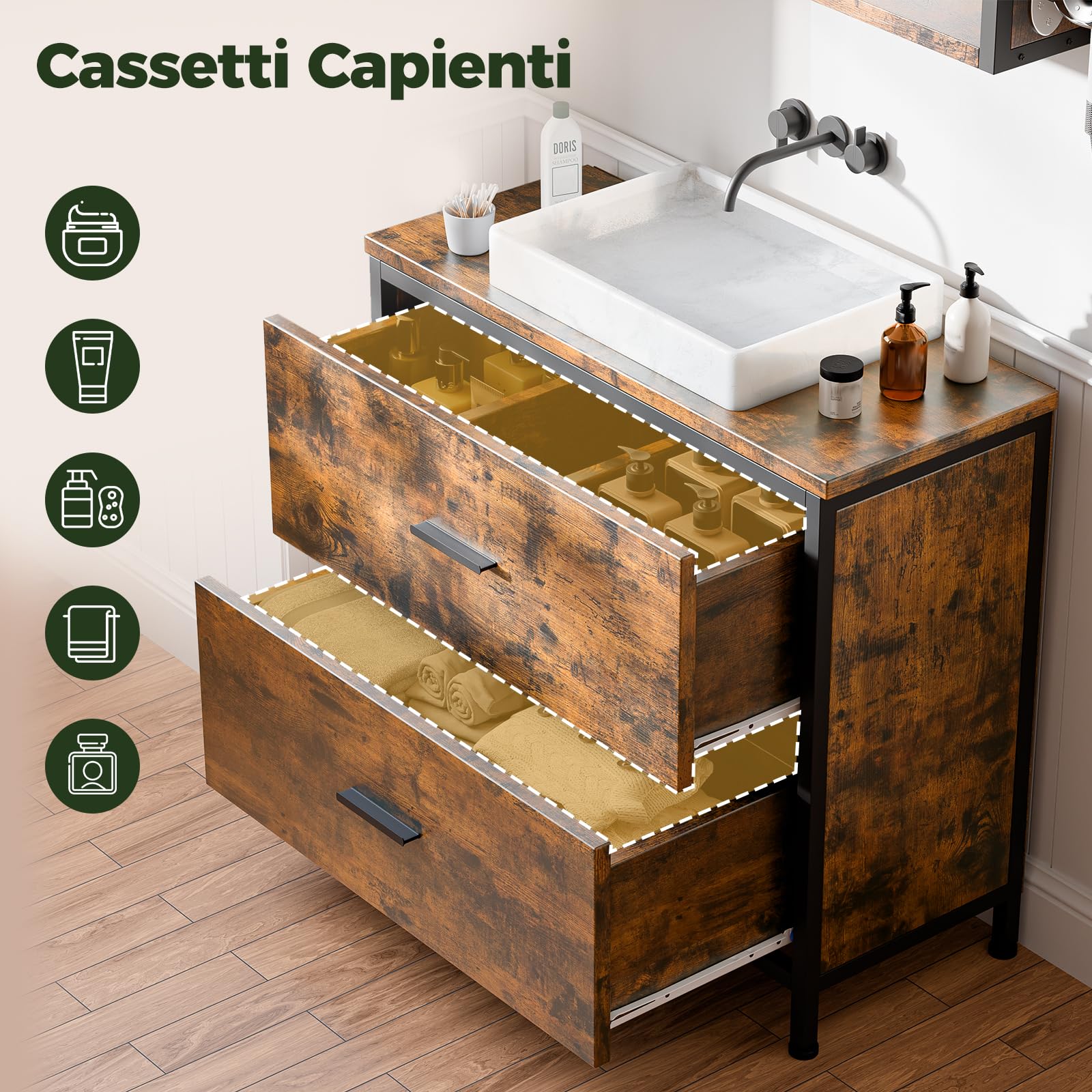 ELUCHANG Mobile Sottolavabo per Bagno, Mobiletto da Bagno, 2 Cassetti,60x30x60cm, Mobile in legno MDF E1 e metallo, Antiacqua e antimuffa, Ideale per bagno piccolo e WC ospiti, con Piedini