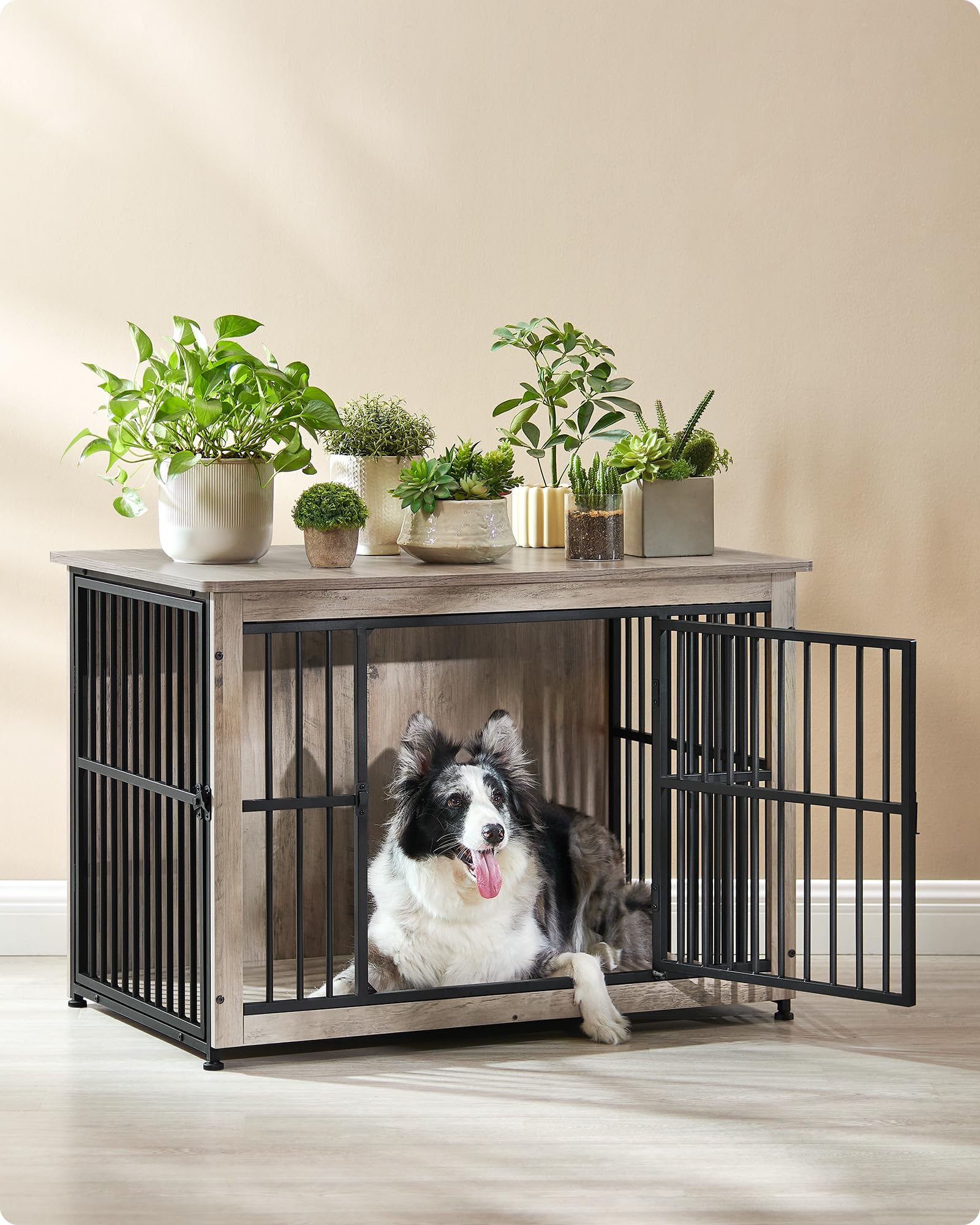 Feandrea Mobile Gabbia per Cani, Gabbia Moderna da Interno con Base Chiusa, 2 Porte, L, per Cani fino a 32 kg, Husky, Border Collie, Shiba Inu, American Bully, Greige Melange PFC023G01