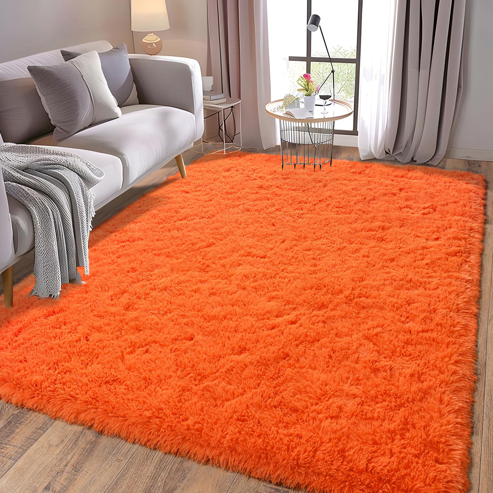 Alfombra suave y esponjosa para sala de estar de 6 x 9 pies, color naranja, lavable | Alfombra antideslizante de 6 x 9 pies para dormitorio, alfombra de felpa mullida de pelo alto, resistente al fuego