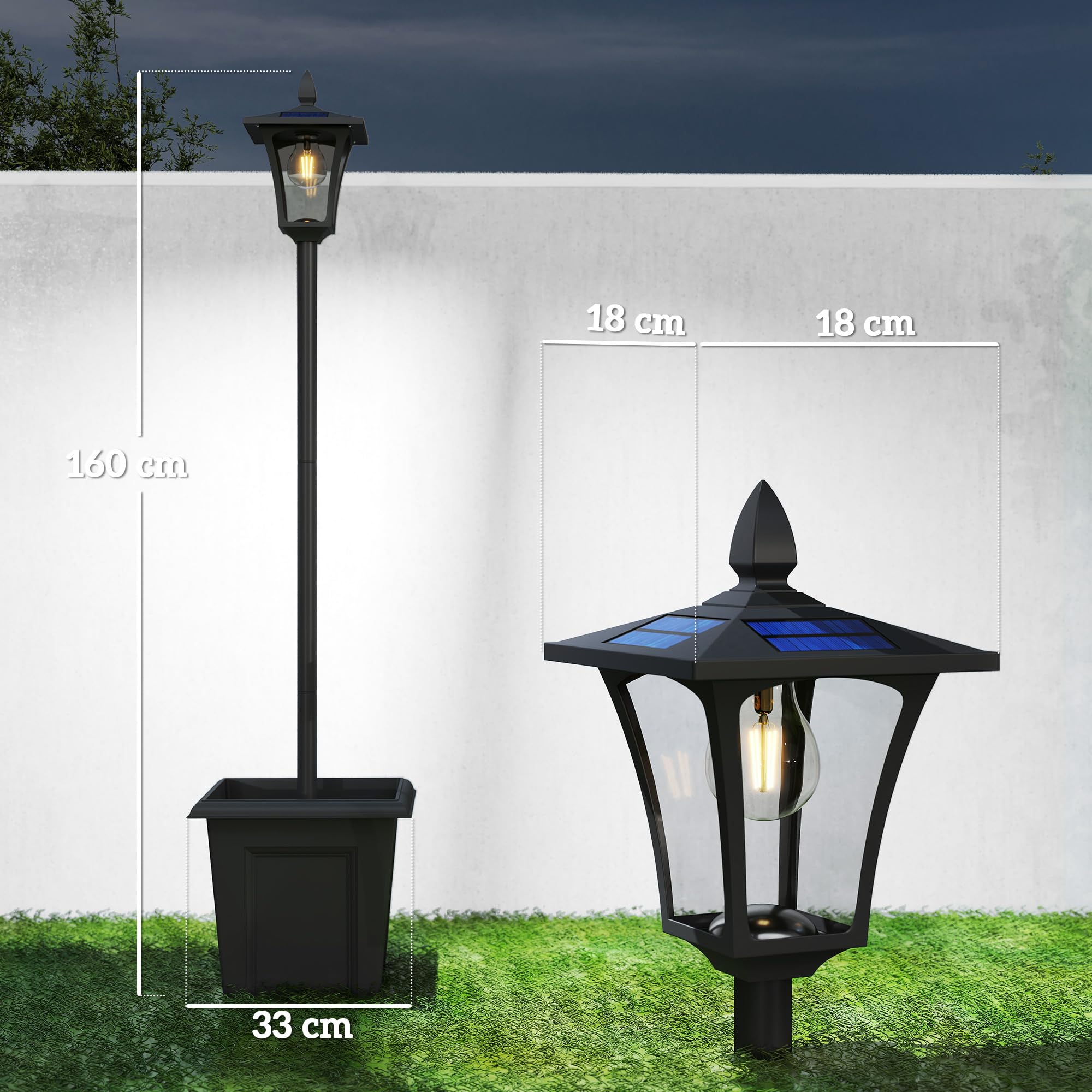 Outsunny Farola Solar Exterior de Jardín con Macetero, Luz Solar de Exterior LED, Poste de Aluminio, Impermeable IP44, Encendido/Apagado Automático, para Terraza, Patio, 33x33x160 cm, Negro