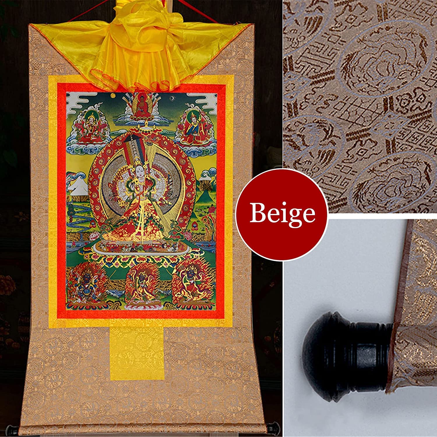 Buddhistischer Thangka-Wandbehang, buddhistisches Thangka-Gemälde, tibetische Thangka-Malkunst, buddhistischer Thangka-Brokat, Buddha-Wandteppich mit Schriftrolle (Farbe: Rot, Größe: Klein (35 cm x 27