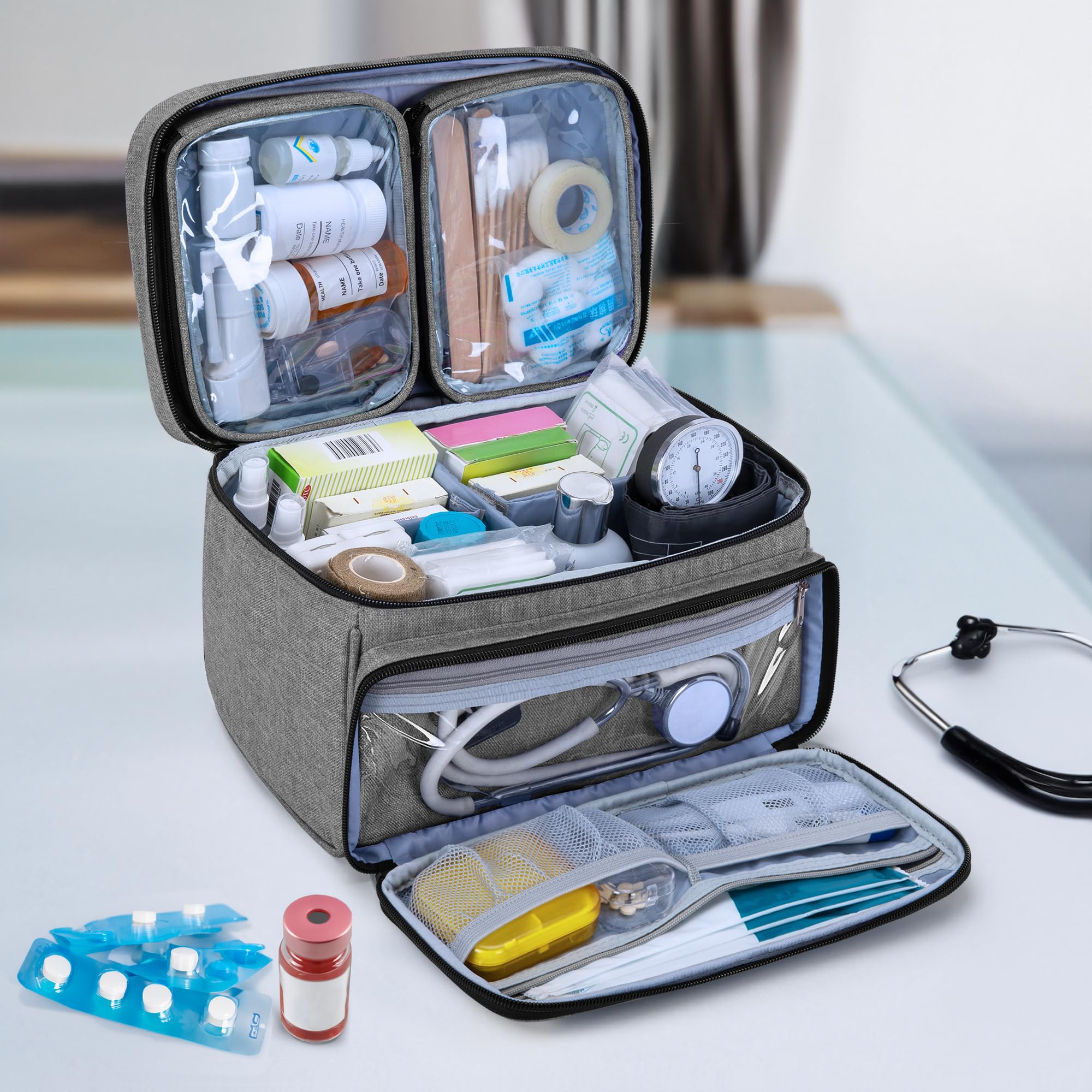 Luxja Sac de Médecine avec 2 Pochettes Transparentes Amovibles, Sac de rangement de Médicaments (Sac Seulement), Gris