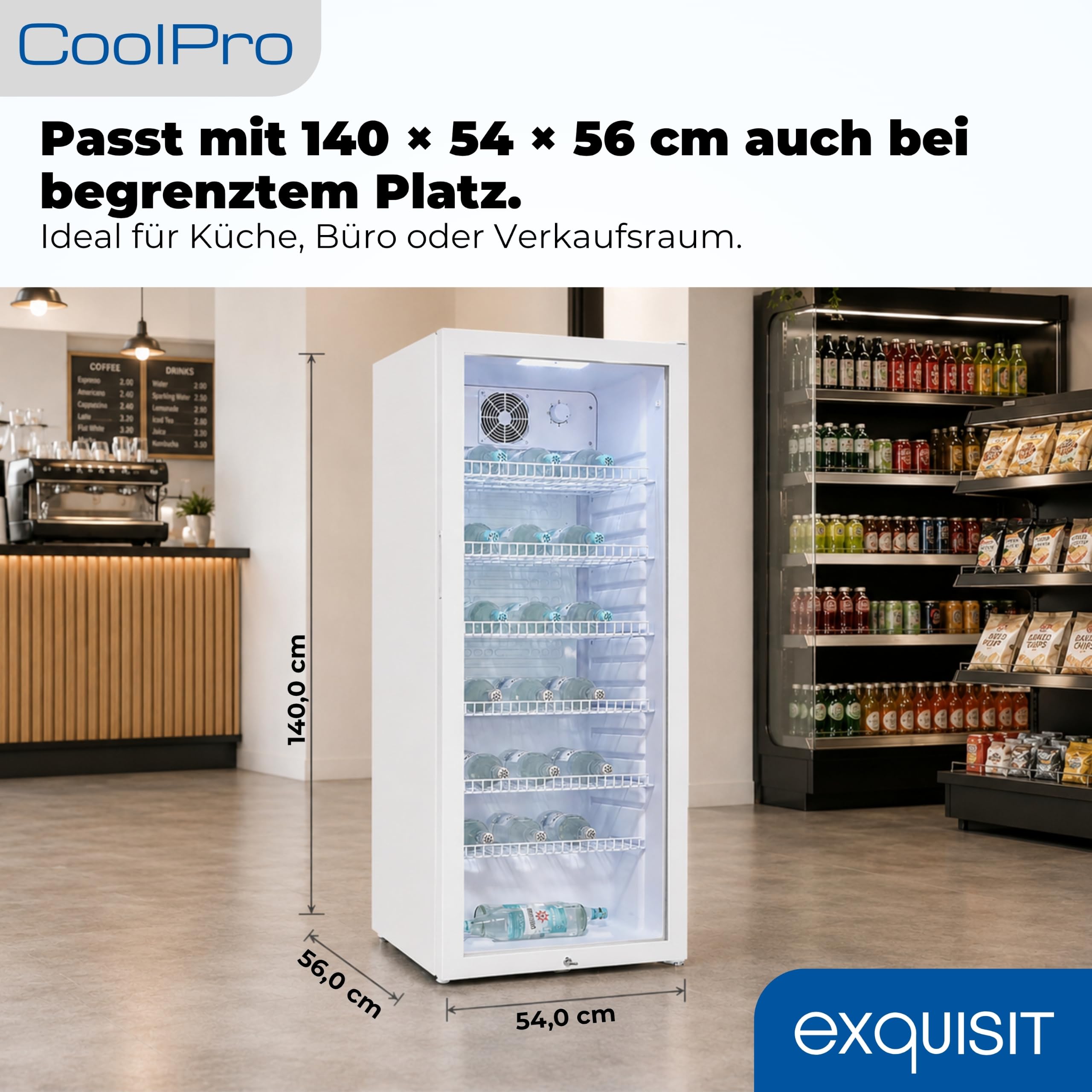 Exquisit Getränkekühlschrank GKS240-GT-160C weiss | Nutzinhalt: 237 L | Türschloss | 6 Gitterablagen | Umluftventilator | Standgerät
