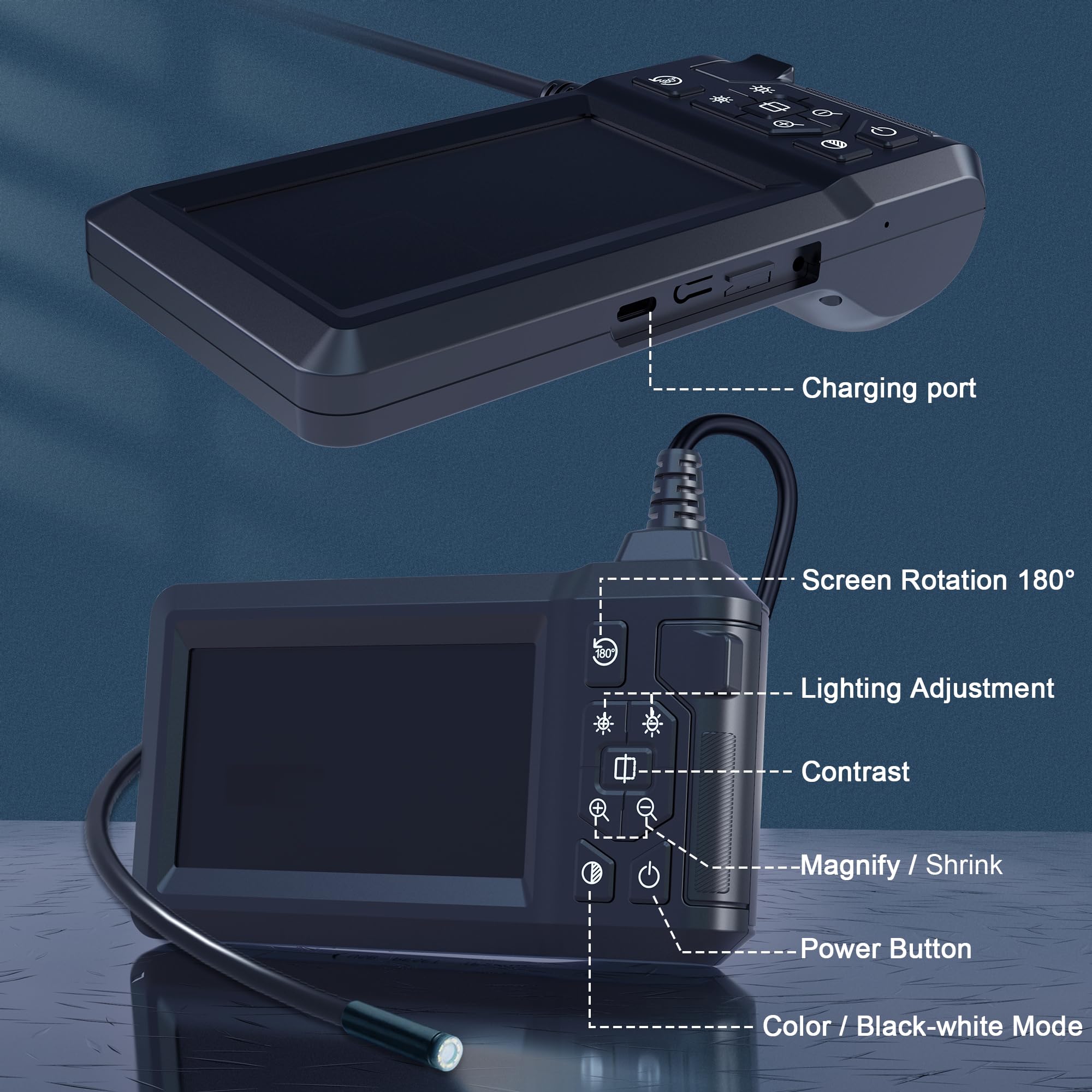 Cámara endoscópica de 16 pies con luz, cámara de boroscopio de inspección con pantalla IPS de 4.3 pulgadas, endoscopio HD 1080P, alcance de calibre de cable semirrígido de 16 pies, endoscopio