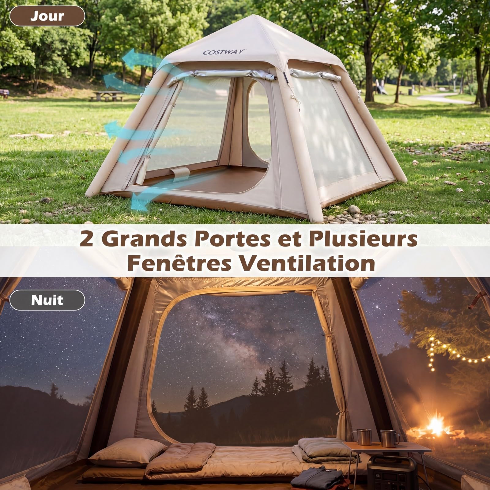 COSTWAY Tente de Camping Gonflable pour 2-4 Personnes, Grande Tente Portable avec Pompe Portes Fenêtres Filet Toit Amovible UPF50+ Étanche, Montage Rapide pour Camping Voyage Randonnée