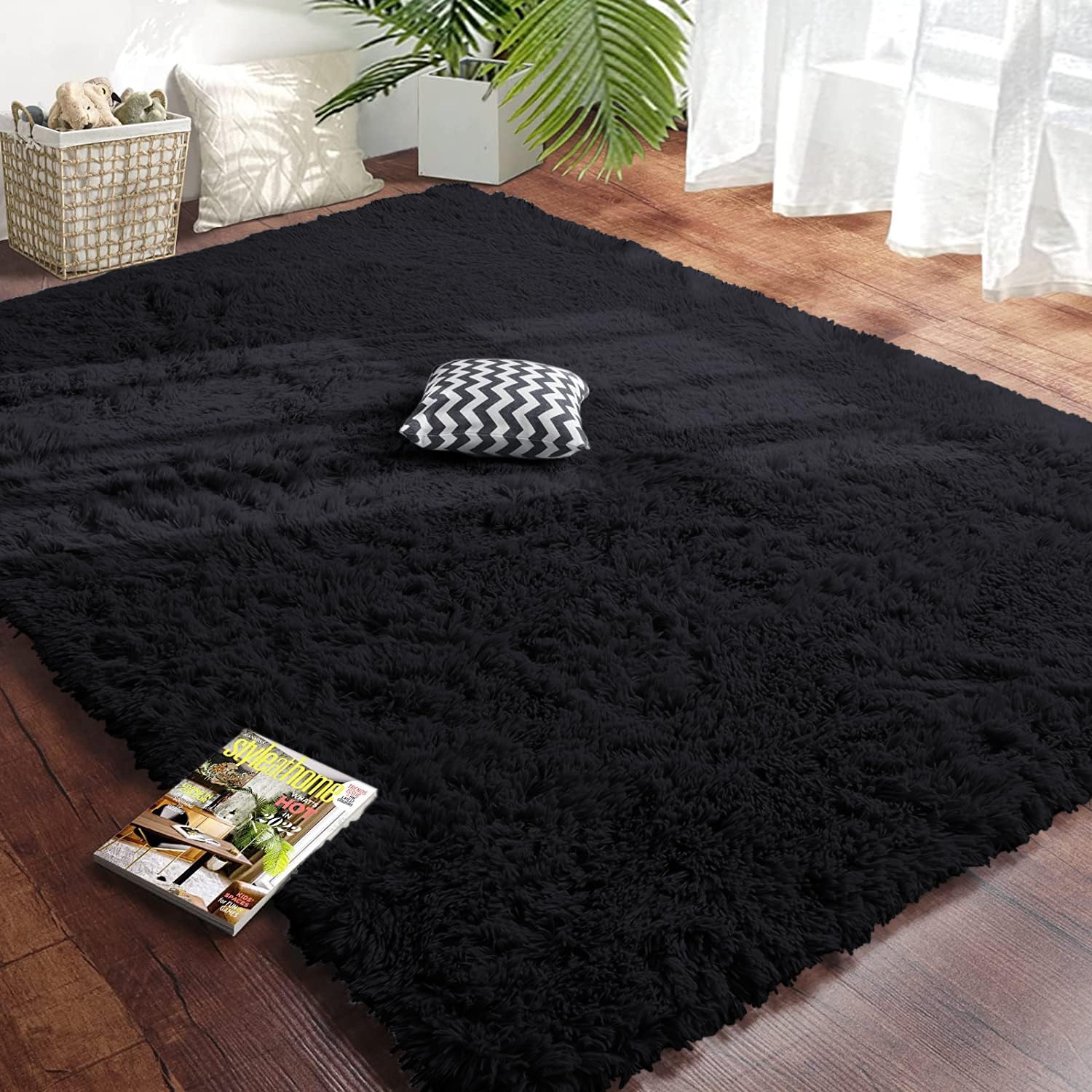 Hafaa Fluffy Rugs for Bedroom Living Room – Fluffy Black Shaggy Area Rugs Anti Slip – Super Soft Thick Pile Non-Shedding Hallway Runner Rug – Plush Carpet for Dining Room, 60 x 220 cm