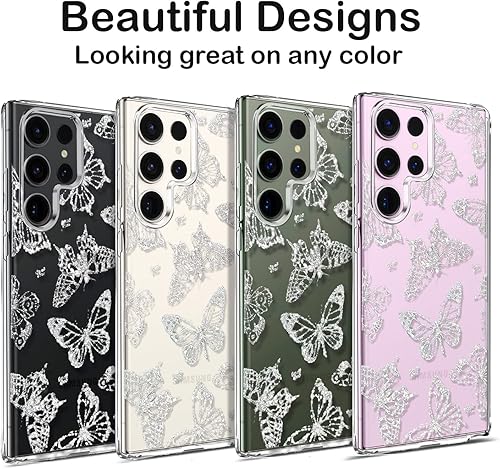 Miniatura 8 de Coolwee Funda transparente con purpurina para Galaxy S23 Ultra  6.8 pulgadas, diseño de flores, diseño de mariposa de cristal, para mujeres y niñas,