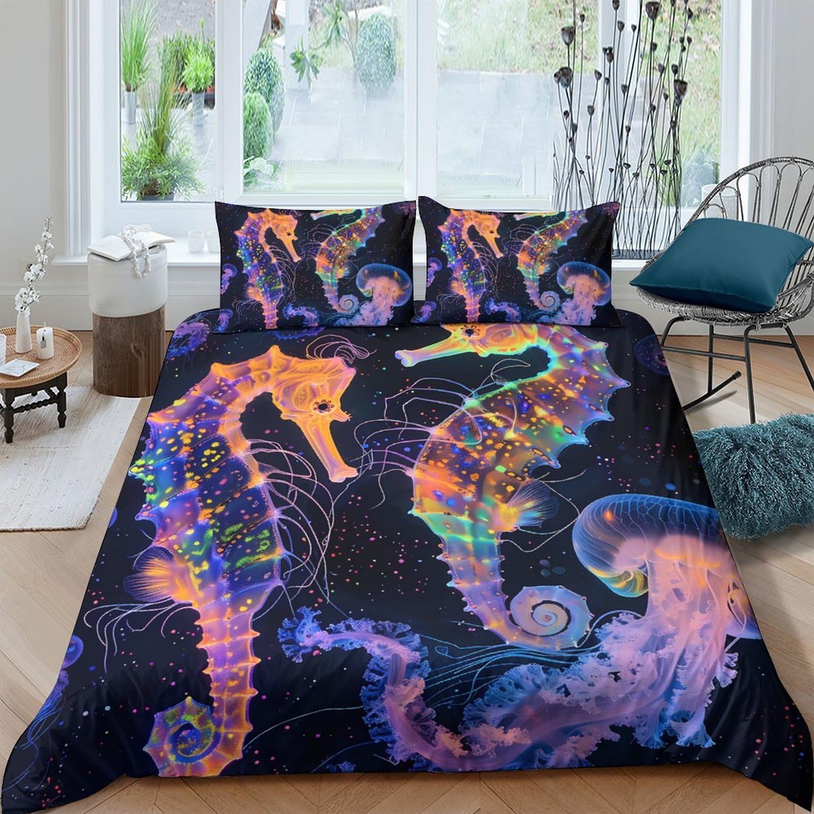 GPLZQXKJNH 3D Printed Neon Seahorse Duvet Cover Set Microfiber Soft Breathable Abstract Ocean Bedding with 2 Pillowcases for Bedroom Decor Single（135x200cm）