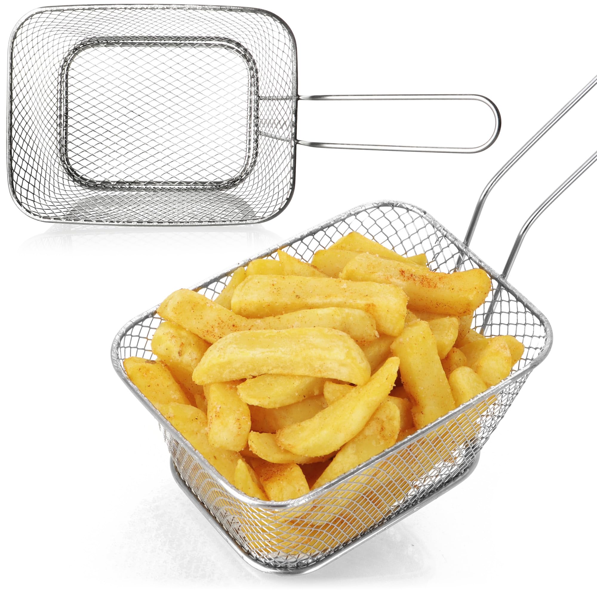 com-four® 6x mini cestello per patatine (4,5 x 11 x 7 cm) – Contenitore snack in acciaio inox 430 – Cestini fritti argentati con manico – Cestino da portata per cucina o buffet (Cestino - 06 pezzi)