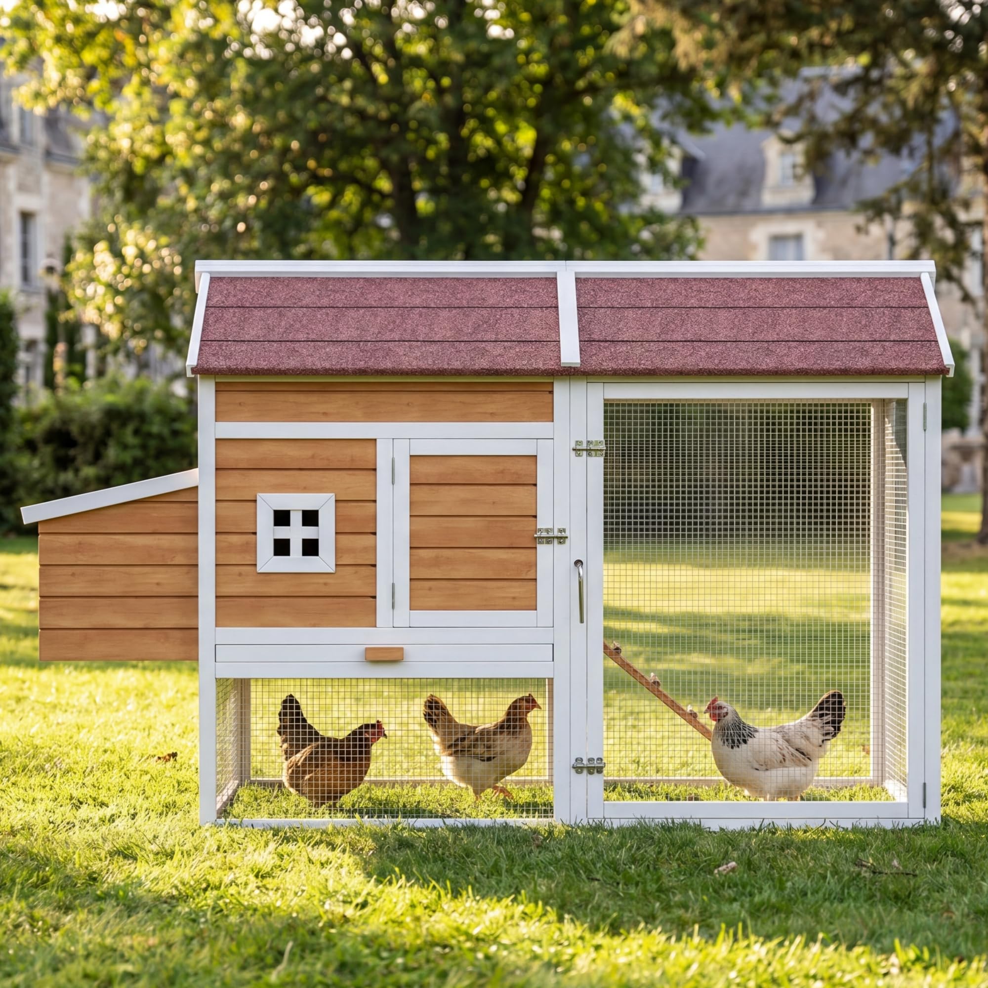 Gallinero de madera de abeto, resistente al invierno, para exteriores, para hasta 4 gallinas, con nido, cajón galvanizado, percha y cierre, 185 x 91 x 115 cm, color madera natural