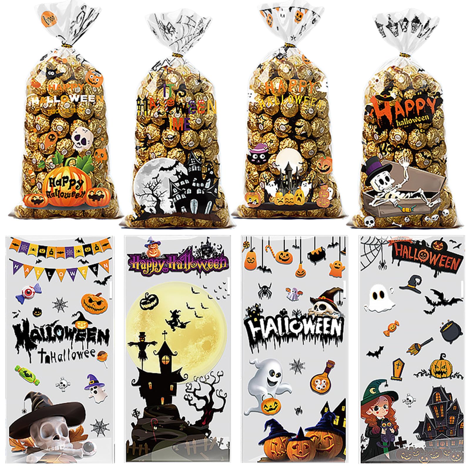 MOMAHUA 100Pcs Halloween Candy Treat Bags,5''x11'' Clear Popcorn Bag with Twist Ties,Sweets Biscuit Treats Bags Party Favor Bag,Halloween Goodie for Party Supplies