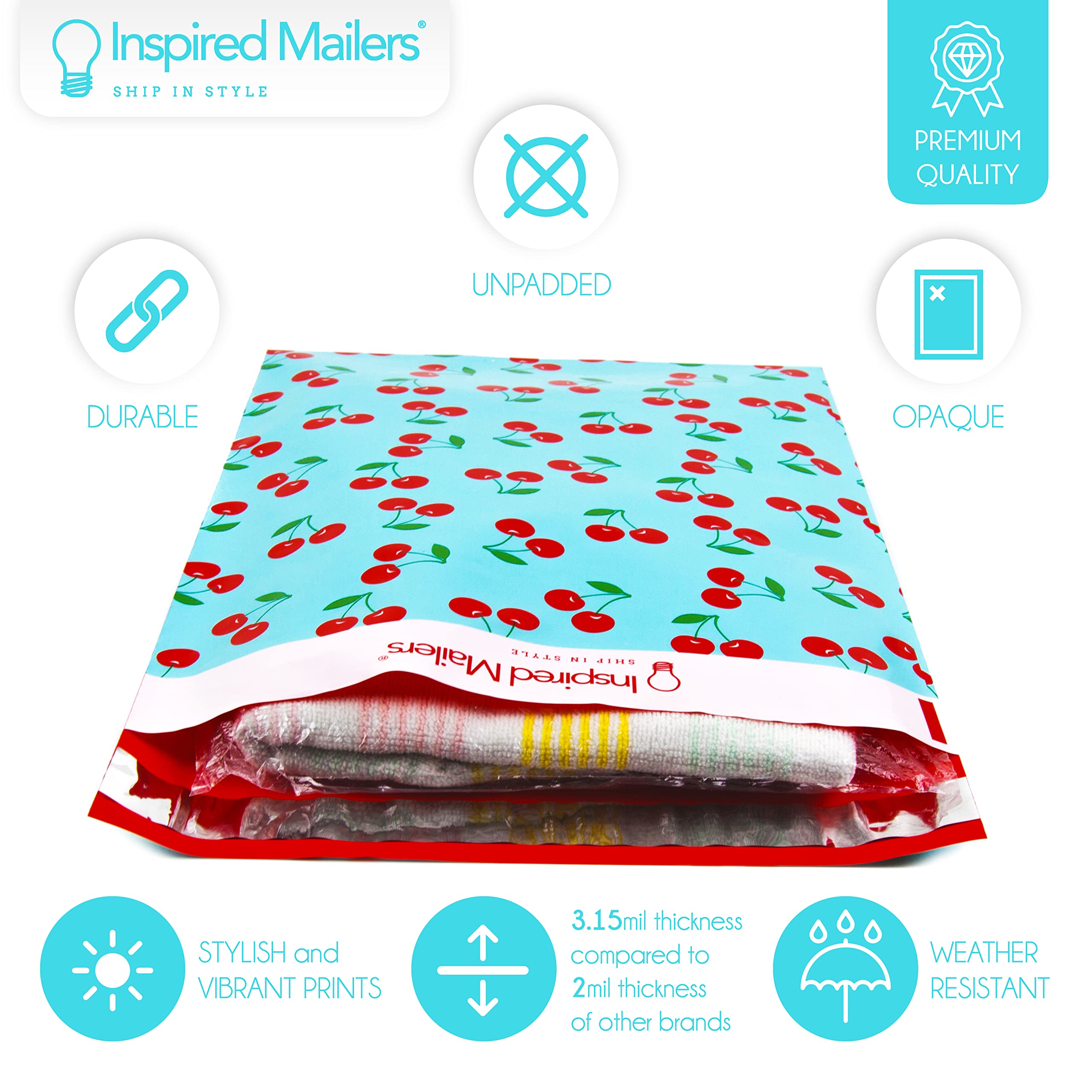 Inspired Mailers - Poly Mailers 10 x 13-100 sztuk - Nadruk wiśni (niebieski) - Torby wysyłkowe na odzież - Duże koperty pocztowe - Koperty wysyłkowe - Śliczne torby do pakowania do wysyłki