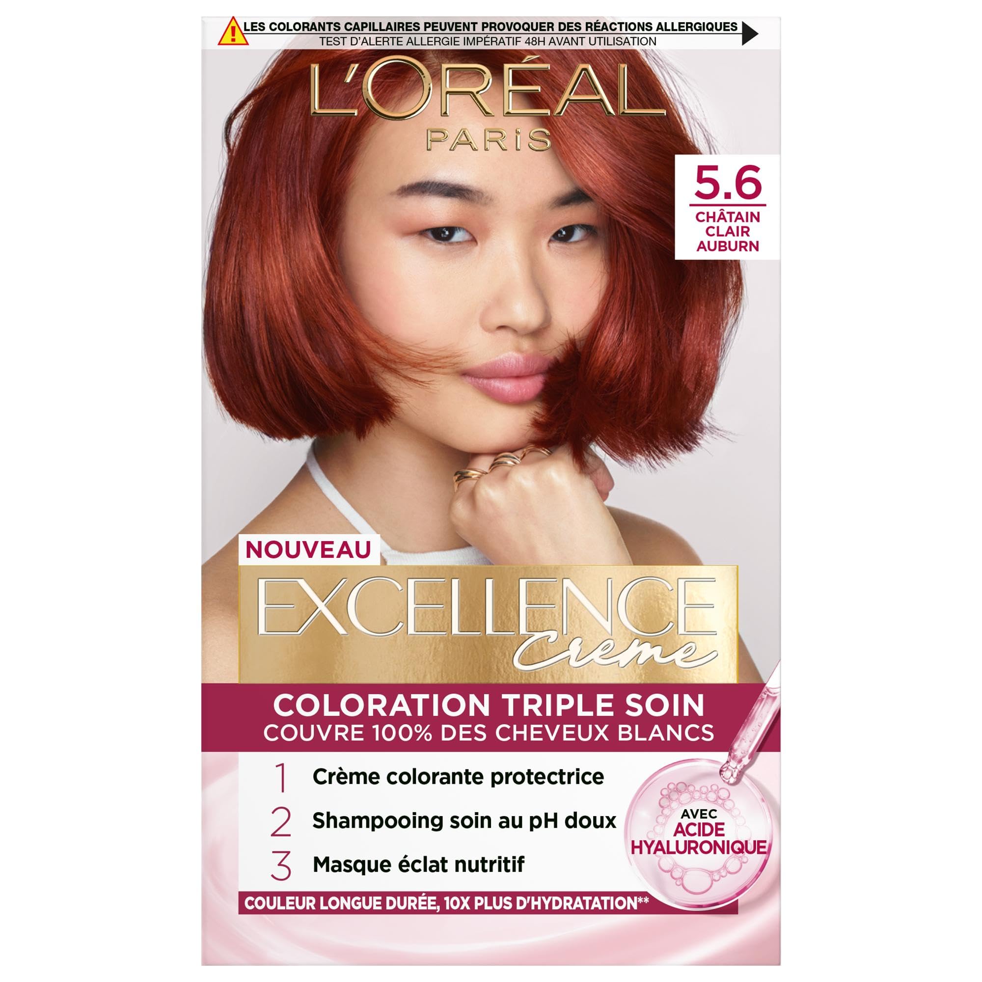 L'ORÉAL PARIS - Coloration Cheveux Permanente Triple Soin - Couvre 100% des Cheveux Blancs - Excellence Crème - Nuance : Châtain Auburn (5.60)