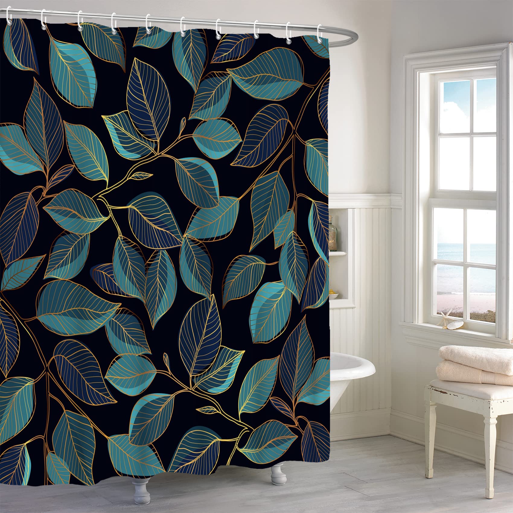 MIRRORANG Teal Leaves Bathroom Curtain, Plant Black Bath Curtain, Natural Botanical Modern Bathroom Curtain with 12 Hooks,72x72 Inches