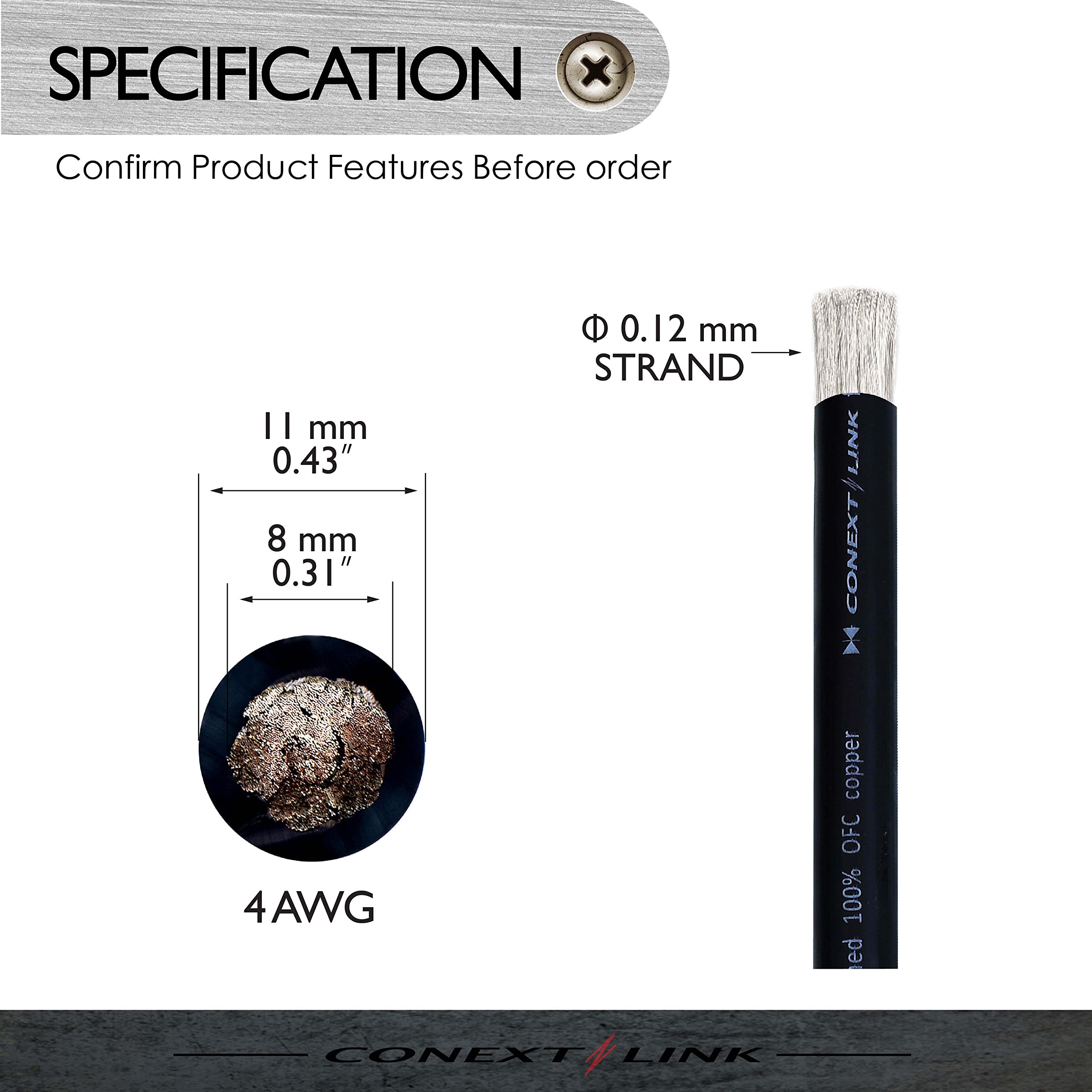 Conext Link Câble d'alimentation de batterie GA de 3 m 4 AWG GA - Fil de terre noir givré en cuivre OFC