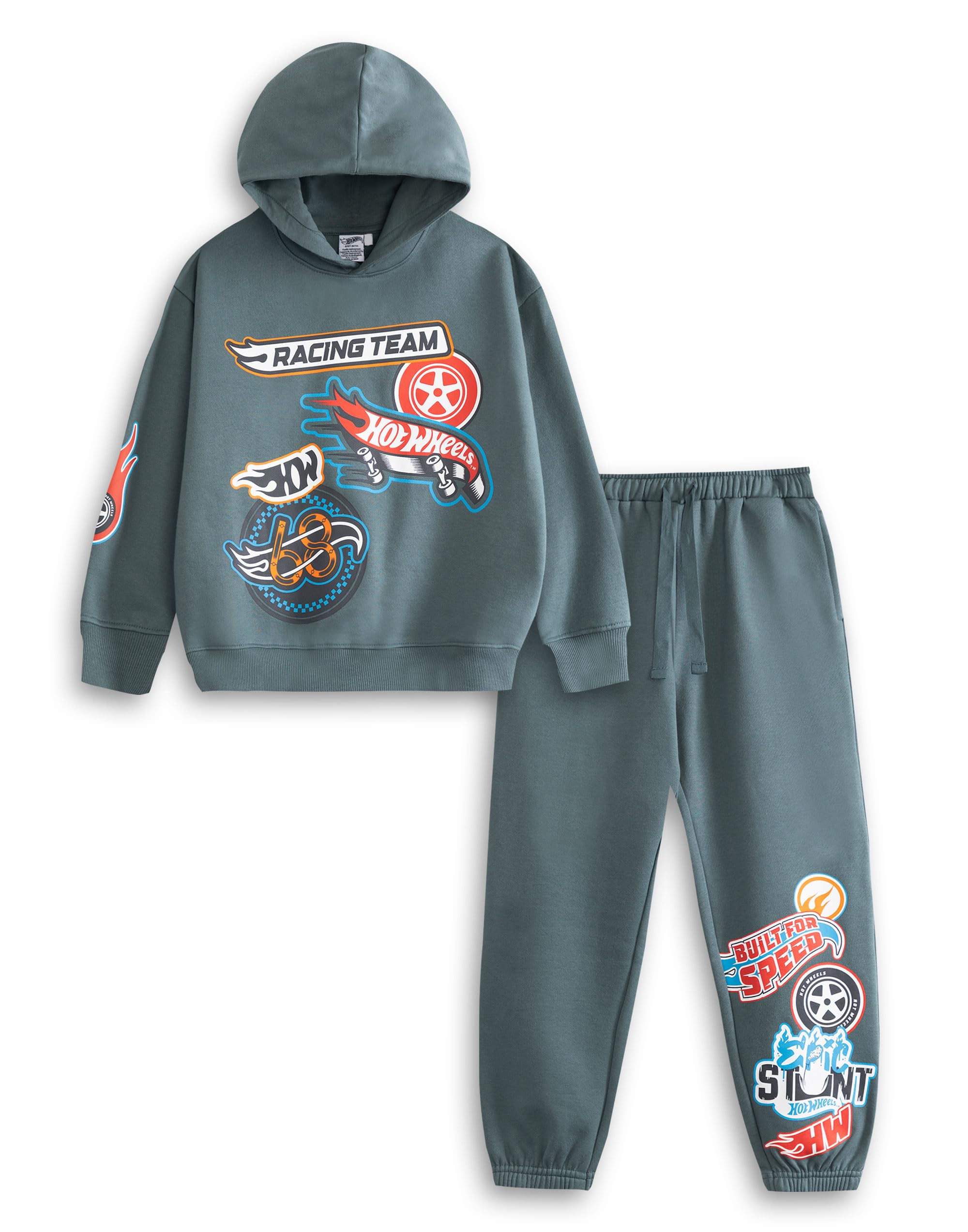 Hot Wheels Boys Grey Dark Green Hoodie & Joggers Set | Long Sleeve Character Hooded Pullover | Kids Cartoon Streetwear Tracksuit | Children's Loungewear Outfit Merch - 11-12 Years