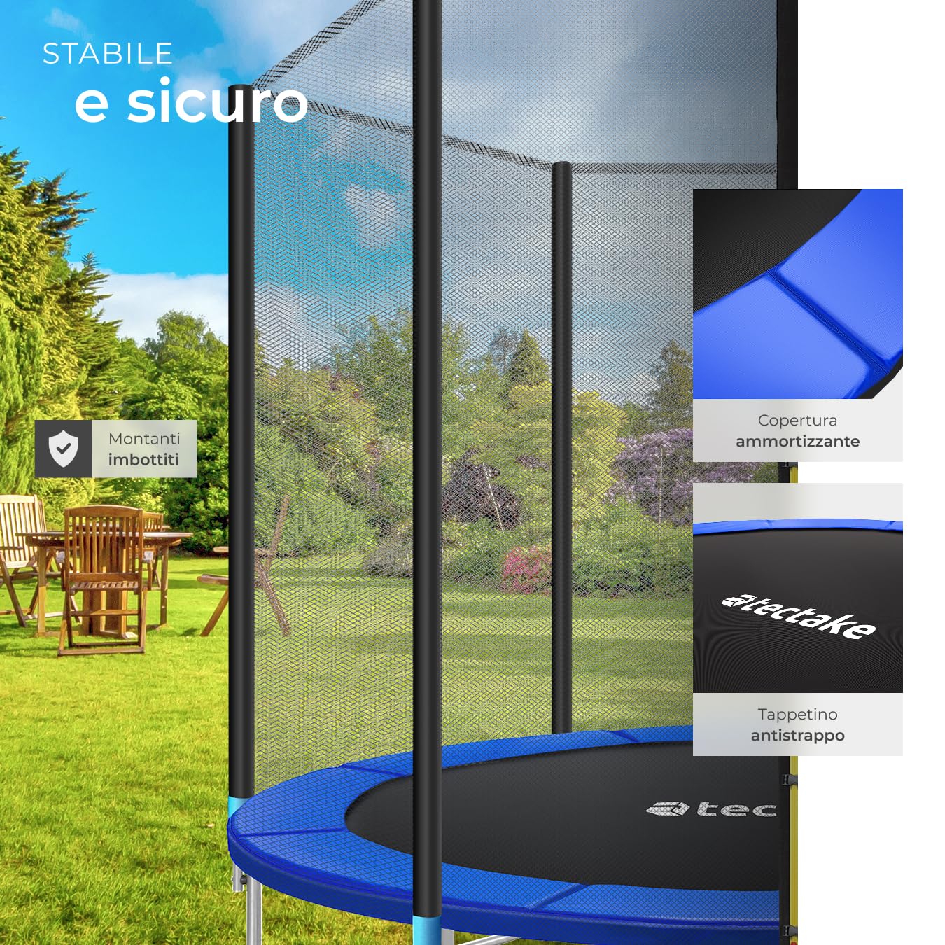 tectake® Trampolino Elastico per Bambini e Adulti da Giardino Ø 244/305/366/396/427/457 cm, Certificato GS, Rete di Sicurezza per Bambini e Scaletta, Trampolino Fitness e Sport, Bordo Imbottito