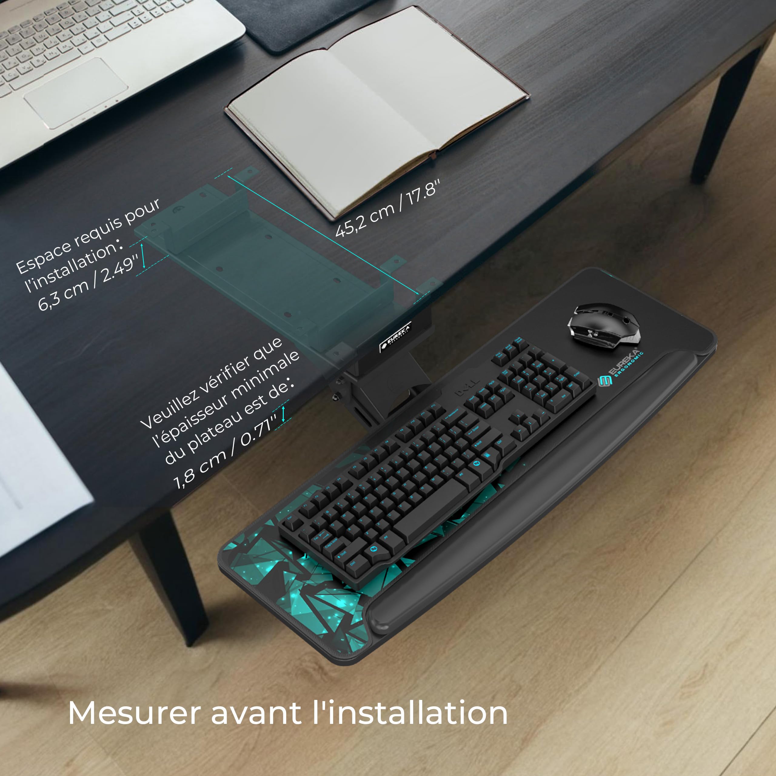 EUREKA ERGONOMIC Plateau de Souris et Clavier réglable en Hauteur sous Le Bureau, Grand tiroir Noir Coulissant pivotant pour Clavier d'ordinateur avec Tapis de Souris pour Jeu, Bureau à Domicile
