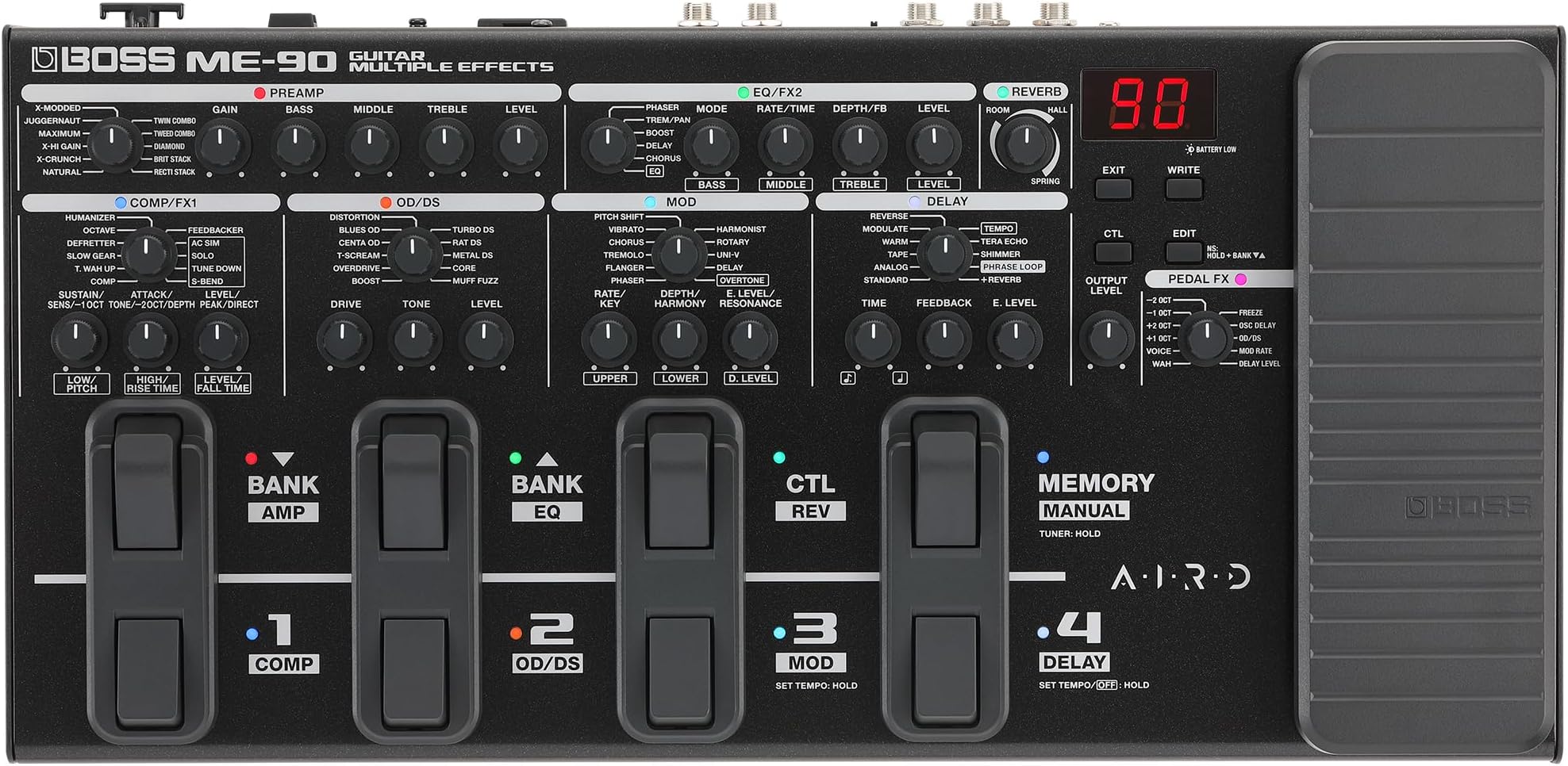 ME-90 Guitar Multi-Effects | All-In-One Guitar Processor | 11 Onboard AIRD Amp Models | 60 Effects derived from the GT-1000 | 8 Multi-Function Footswitches & Redesigned Expression Pedal