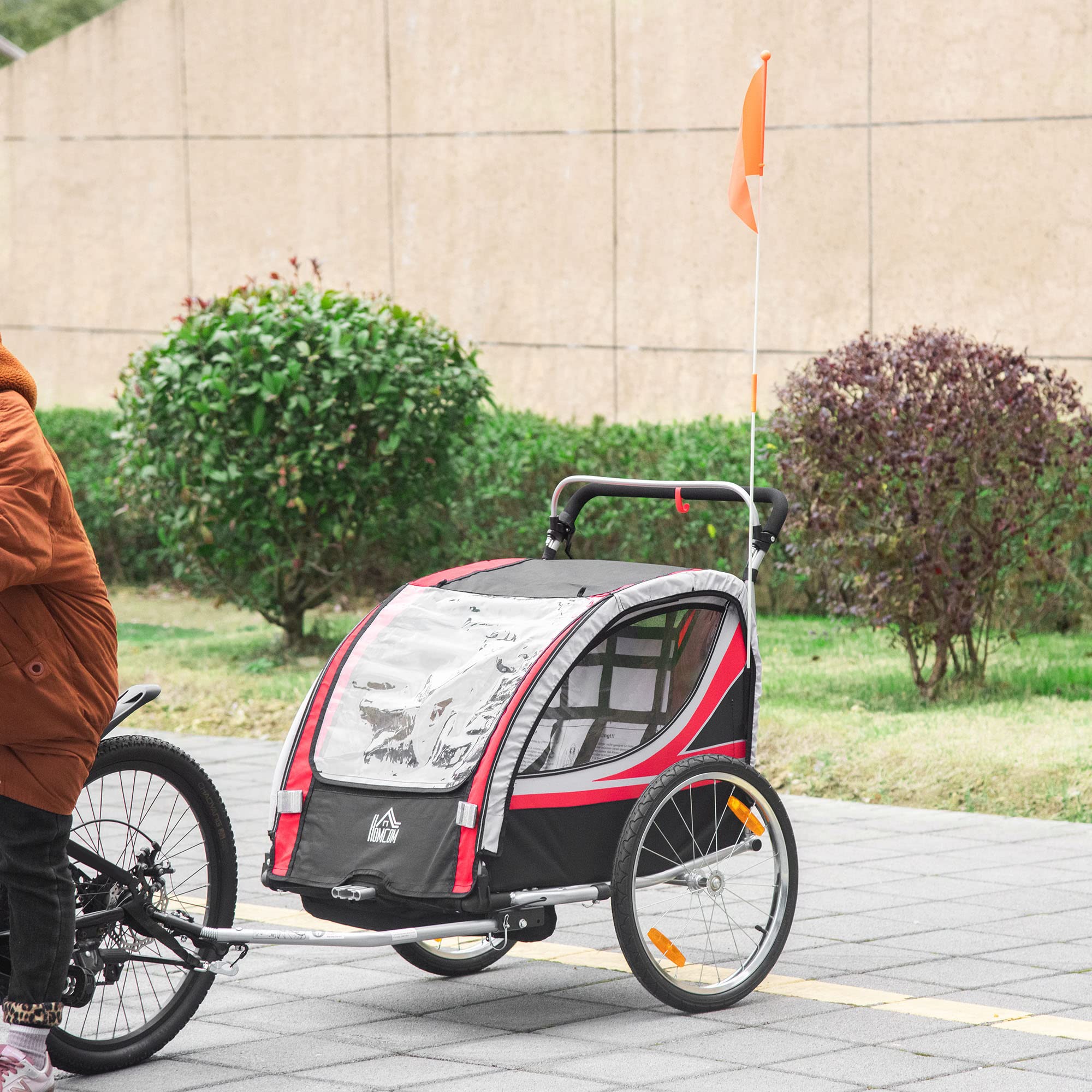 HOMCOM Remolque de Bicicleta para Niños +18 Meses 2 en 1 Cochecito de Paseo de 2 Plazas con Freno de Mano Cinturón de Seguridad Bandera y Reflectores 142x75x101 cm Rojo