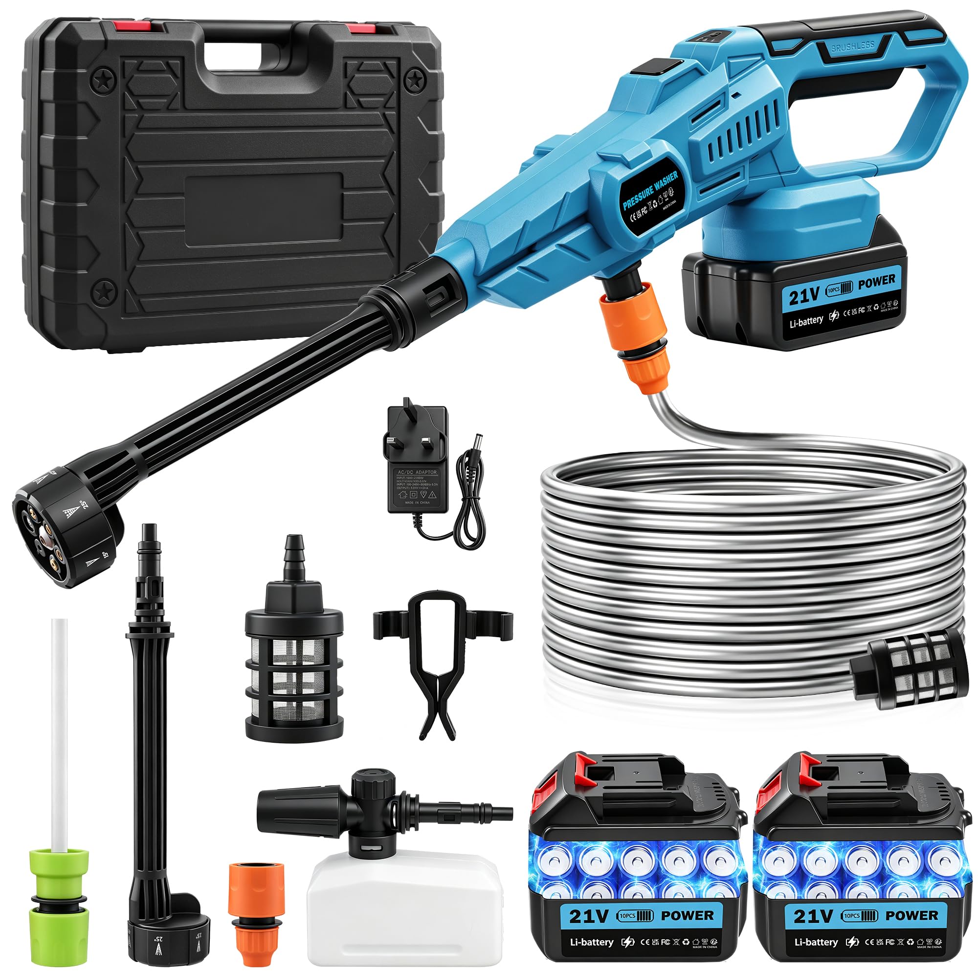 Keleef Cordless Pressure Washer 21V, 120Bar Portable Power Washer with 2 Battery, 6 in 1 Nozzle, 5M Hose, Bucket, 3 Speeds Adjustment,Battery Jet Wash for Car Floor Garden Cleaning & Watering