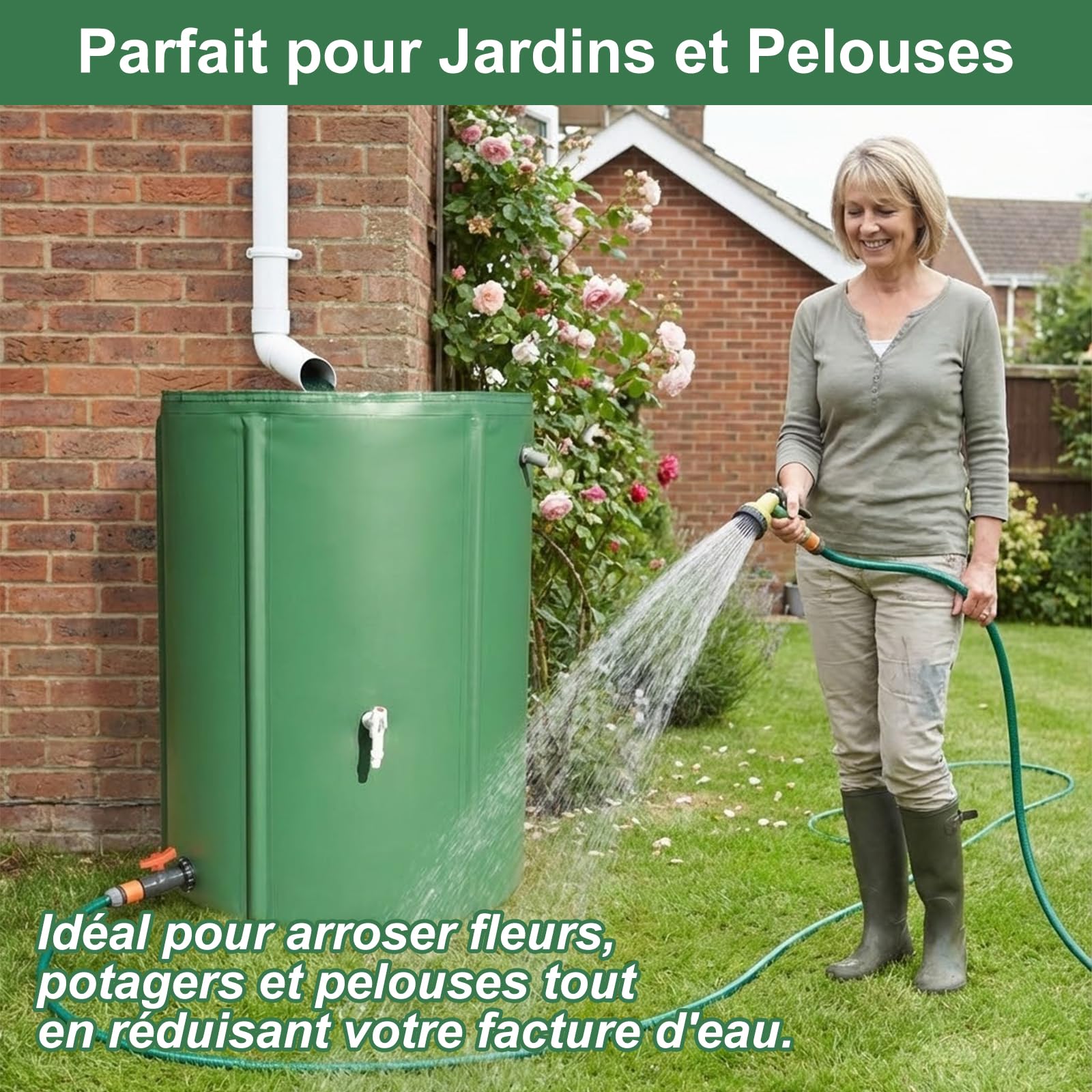 BeGrit Barril de Lluvia Plegable 380L Cisterna Agua Sistema Recogida Agua | Barril Portátil con Válvula Drenaje PVC 1000D Tanque de Lluvia con Doble filtración y Anclaje al Suelo para Riego de Jardín