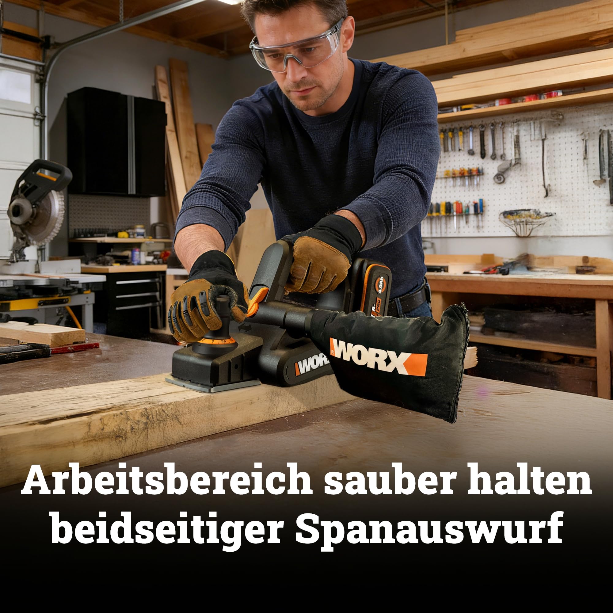 WORX WX620.9 Akku Hobel 20V, 82 mm Hobelbreite, Brushless Motor, 0–2 mm Spanabnahme, Falztiefe 0–8 mm, V-Nut für Fasen, integrierte Spänesack & Parallelanschlag, ohne Akku & Ladegerät