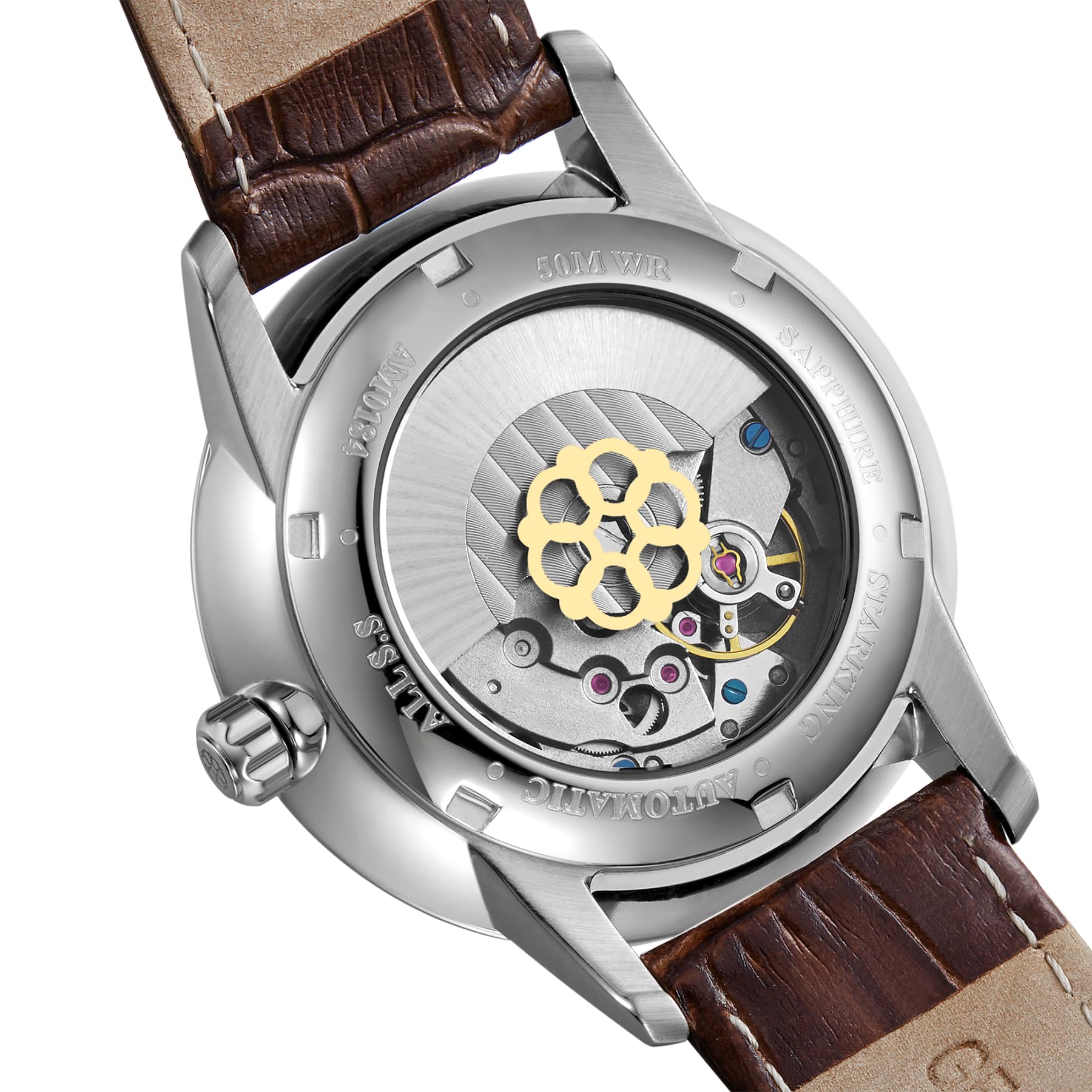 AM0184 Dress Automatic Watches for Men, Skeleton Case Back, Fashion Business Men's Wrist Watches with Date, 5ATM Waterproof, Stainless Steel, Luxury Leather Watch, Big Face of Analog Watch, Brown - 2