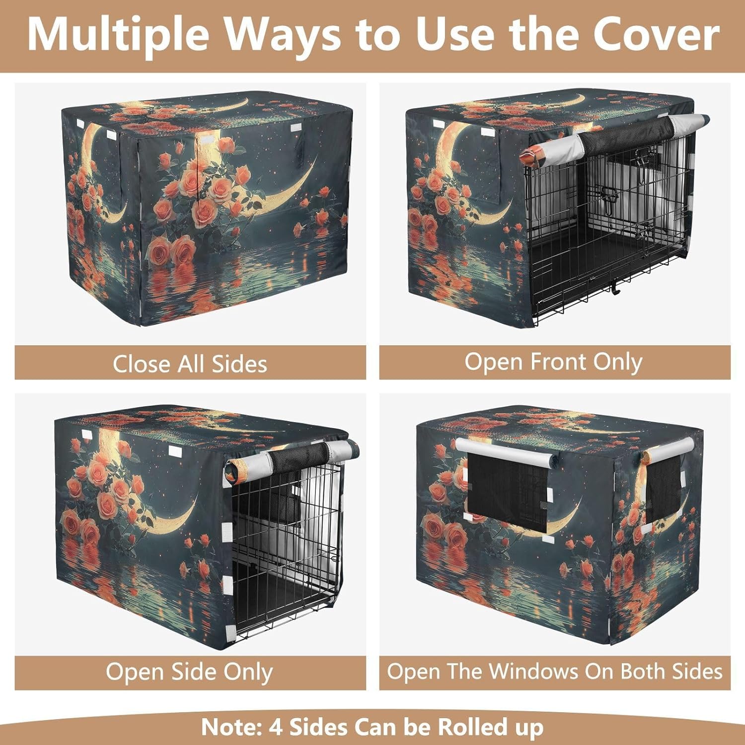 Ethereal Crescent Moon Dog Crate Covers Roll-up Side Panels, Pet Crate Cover with Roll-up Sides, X-Large