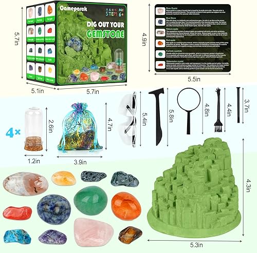 Miniatura 5 de Kit de excavación de piedras preciosas (forma única), gran kit de ciencia STEM para niños, excava tus propias 12 piedras preciosas reales, juguetes