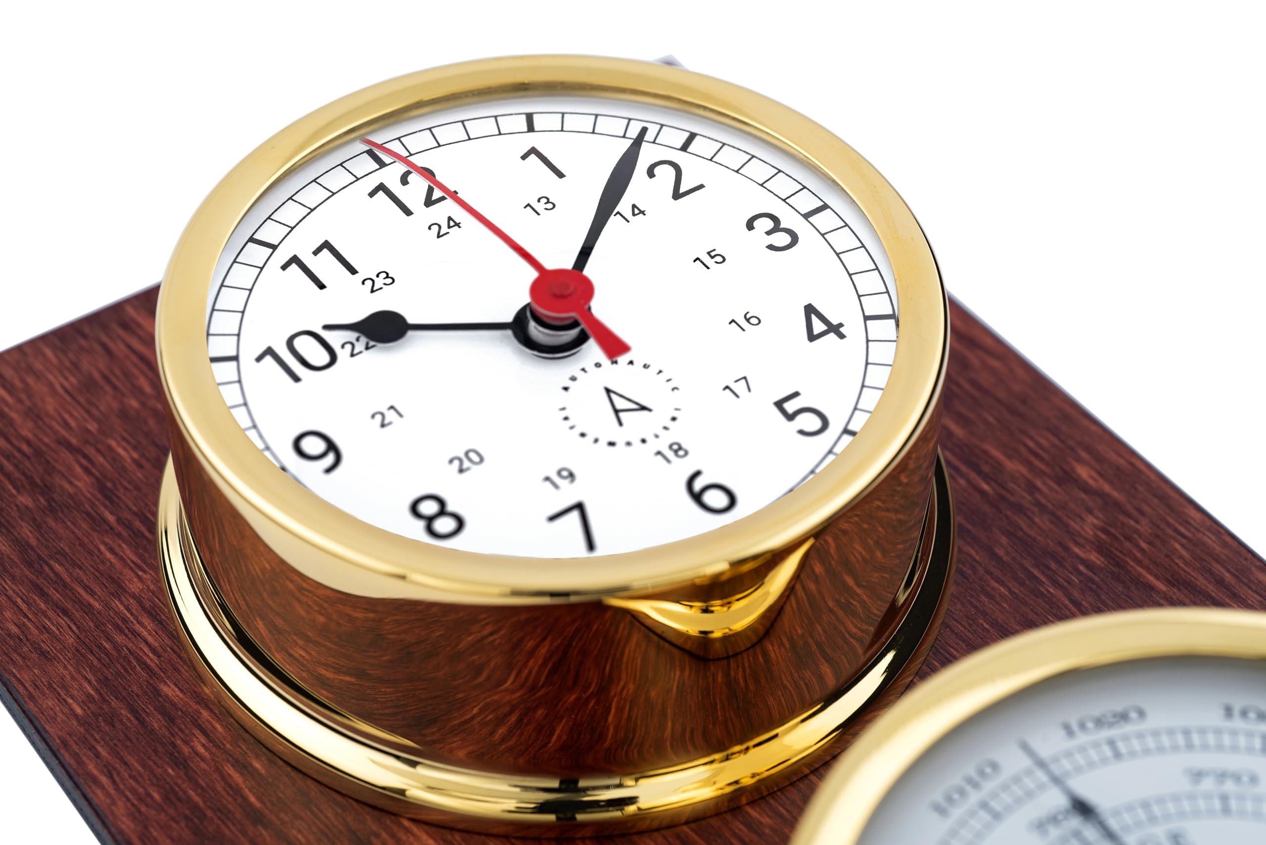 Autonautic - Stazione meteorologica nautica in ottone con bagno d'oro - Orologio, barometro e termoigrometro, per imbarcazioni o Decoración - 95mm (ø) - Made in Spain.