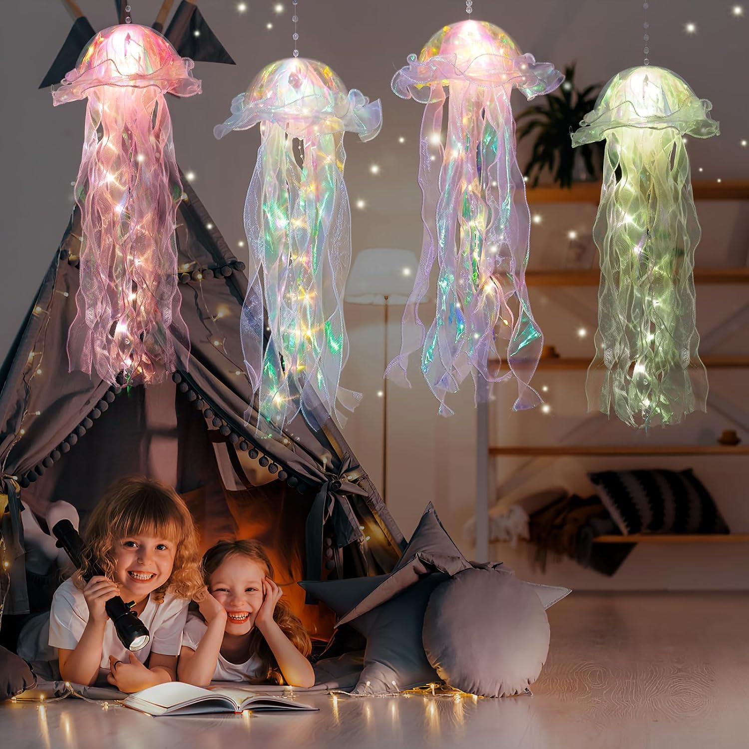 Glitter Iridescent Jellyfish Hanging Decor Jellyfish Kit for Under The Sea Little Mermaid Party Decoration Centerpiece Hanging Jelly Fish Decor Ocean Birthday Wedding Bridal Baby Shower Party Supplies