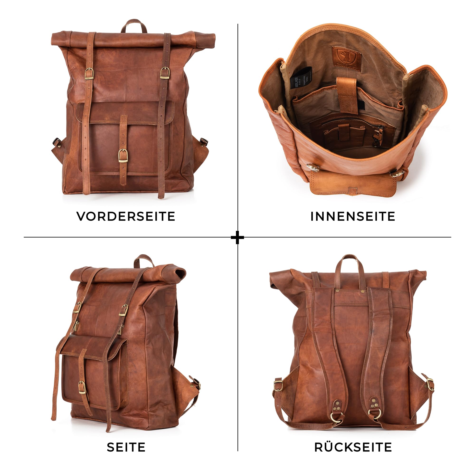 Berliner Bags Vintage Rucksack Leeds aus Leder, Fahrradrucksack mit Laptopfach für Damen und Herren