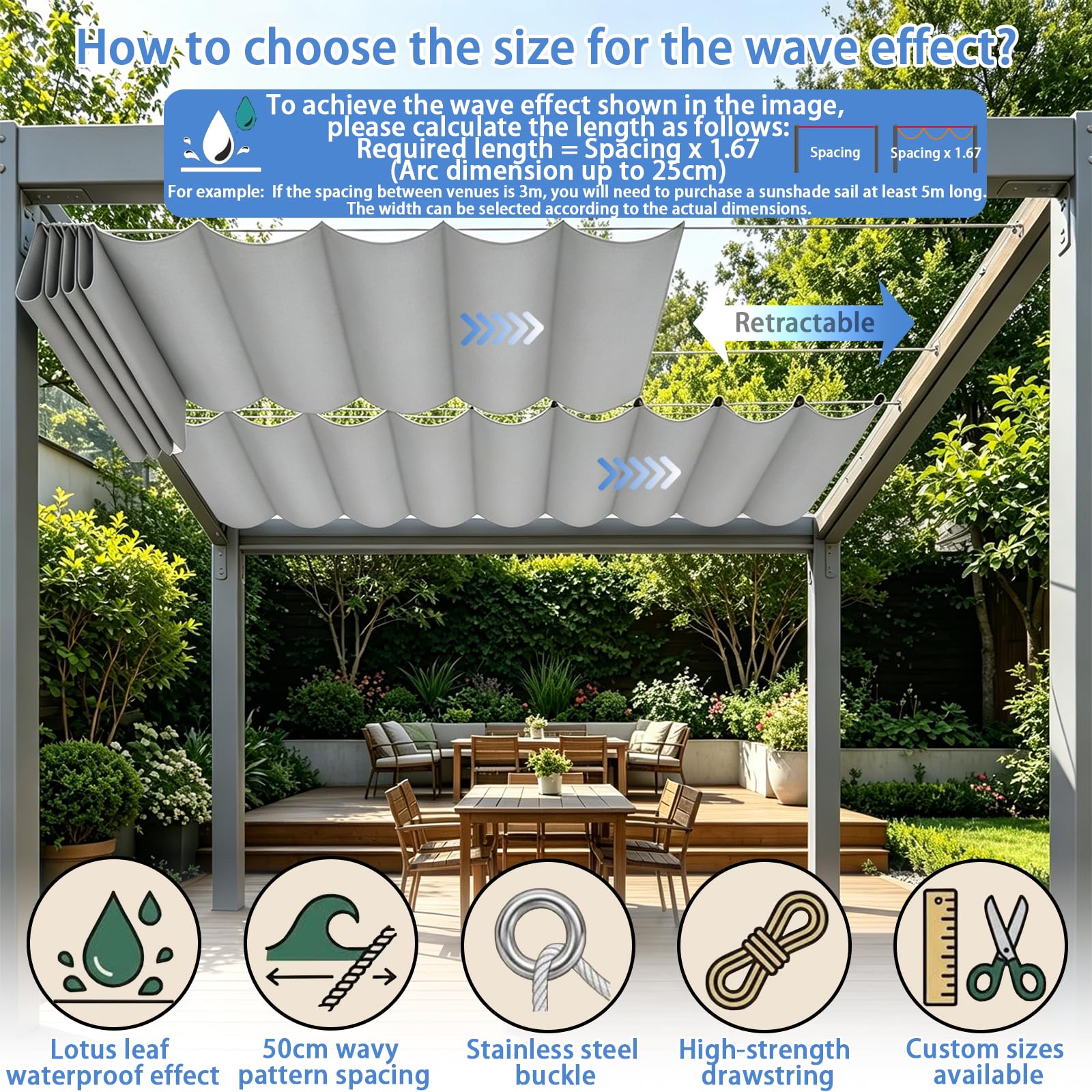 Einziehbare Welle Sonnensegel, Verstellbar Schattenabdeckung mit Kordel und Ösen, Wasserdicht Outdoor Pergola Sonnenschutz Markise für Balkon Garten Terrasse Überdachung-Light Gray||180x300cm