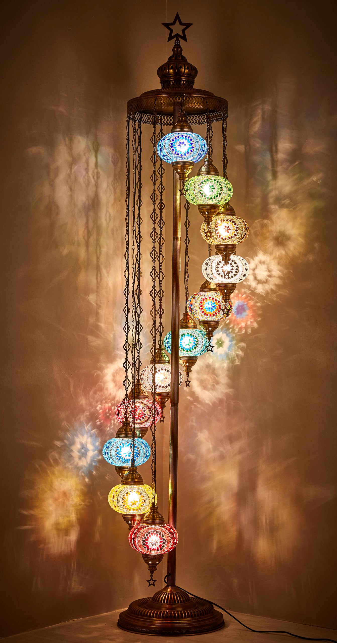DEMMEX 11 Globe Turkish Moroccan Mosaic Floor Lamp, 7ft Tall - Tiffany Style Standing Decorative Boho Lamp with Colorful Globes for Bedroom, Living Room, Entryway – Handmade in Turkey, Multicolor