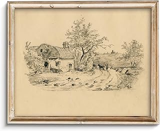 Vodefoad Sketch Cottage Retro Vintage Canvas Wall Art Rural Life Murals Vintage Neutral Wall Art for Home Decor Farmhouse Landscape Sketch Drawing Wall Decor Rustic Nature Canvas Prints Antique Neutral Landscape Oil Painting Vintage Art Pictures for Bedroom Bathroom Decor - 8x10Inch Unframe