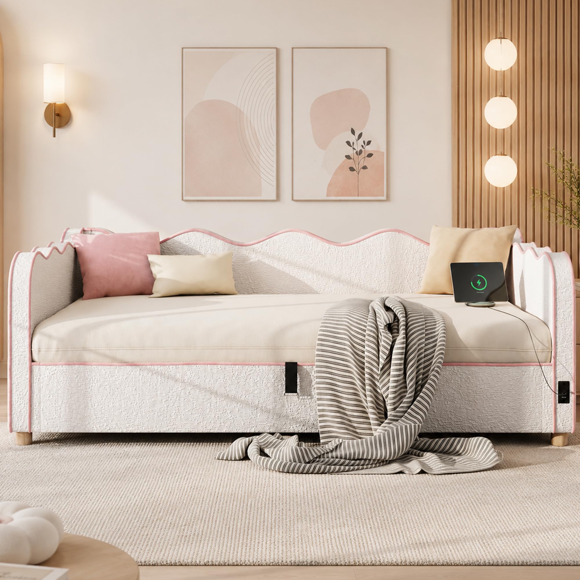 Sofá Cama 90x200 Tapizado Bouclé Cama Canapé sin Colchón Single Bed con Almacenamiento Integrado con Somier de Lamas con Elevación Hidráulica para Dormitorio Beige