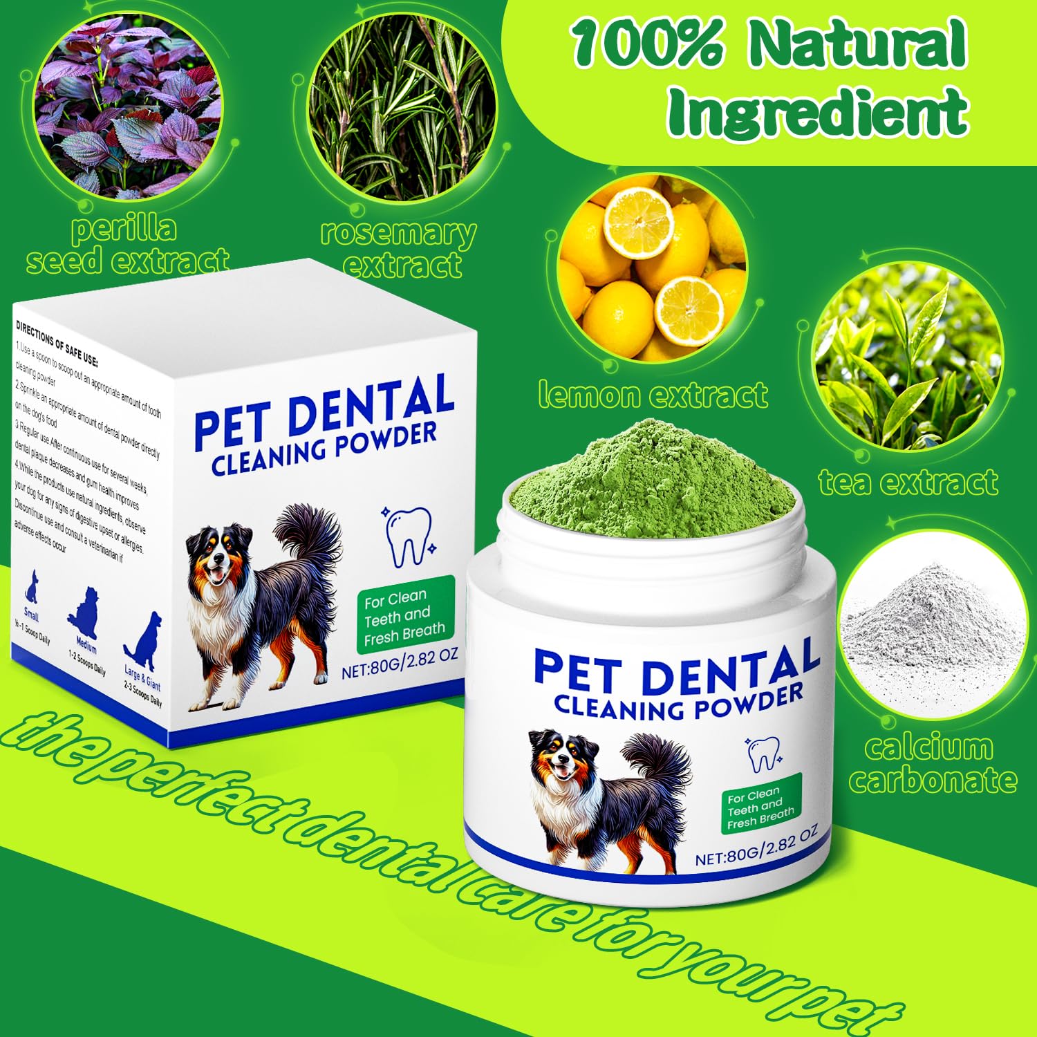 Mimo Style Dog Dental Powder, Dog Teeth Cleaning Powder, Targets Tartar & Reduces Plaque & Bad Breath - Teeth Cleaning Made Easy Eliminate - Meat-Flavored Formulated (Green) - image 2