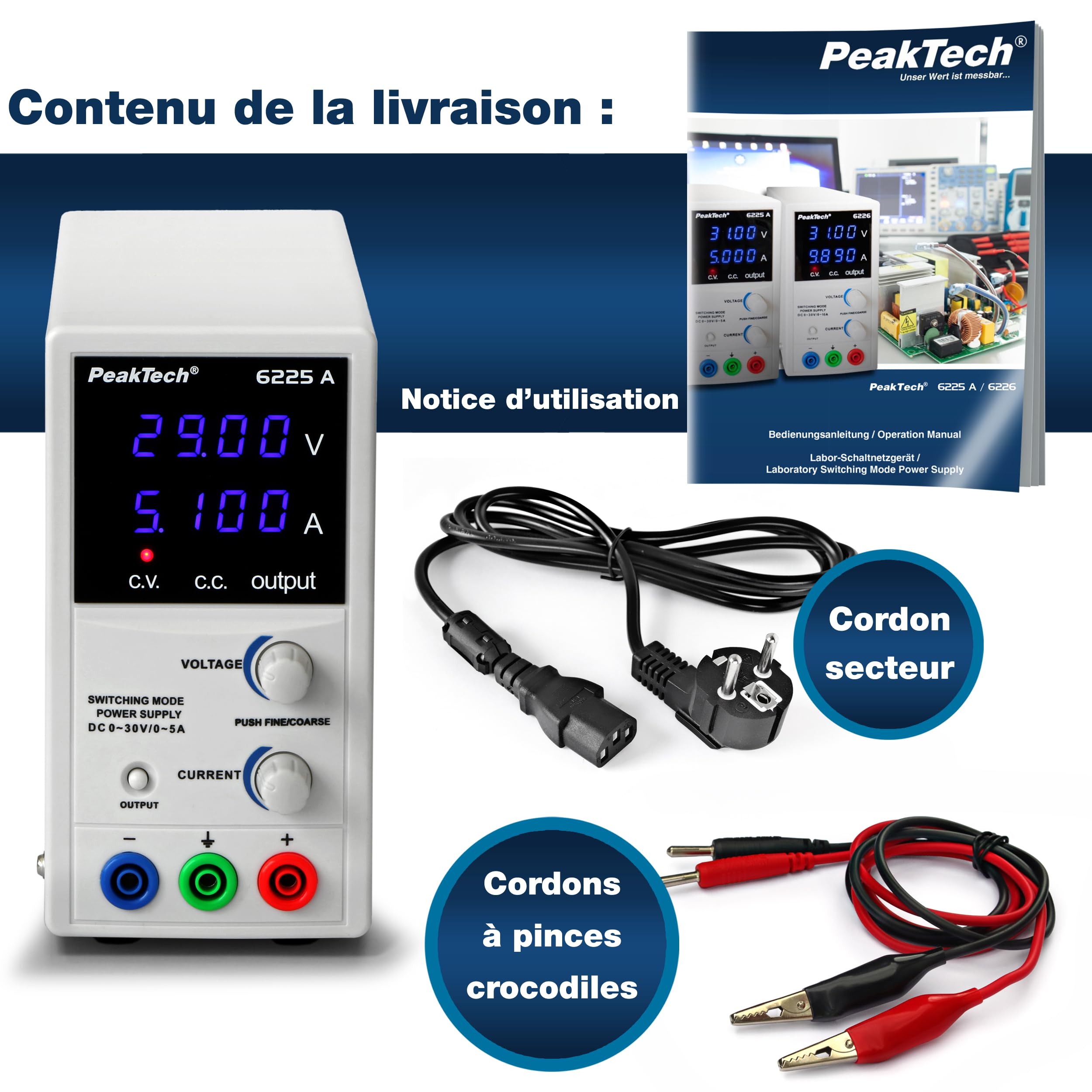 PeakTech 6225 A - Alimentation de Laboratoire DC 0-30V / 0-5A, Réglable, Affichage LED à 4 chiffres, Alimentation Stabilisée à Découpage, Protection contre les Surcharges et les Courts-circuits