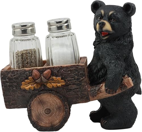 Ebros Woodlands Spice Delivery Black Bear Pushing Vintage Wagon Carro Salero y Pimentero Juego de figuritas de bosque Rocky Mountain Bears Cabaña