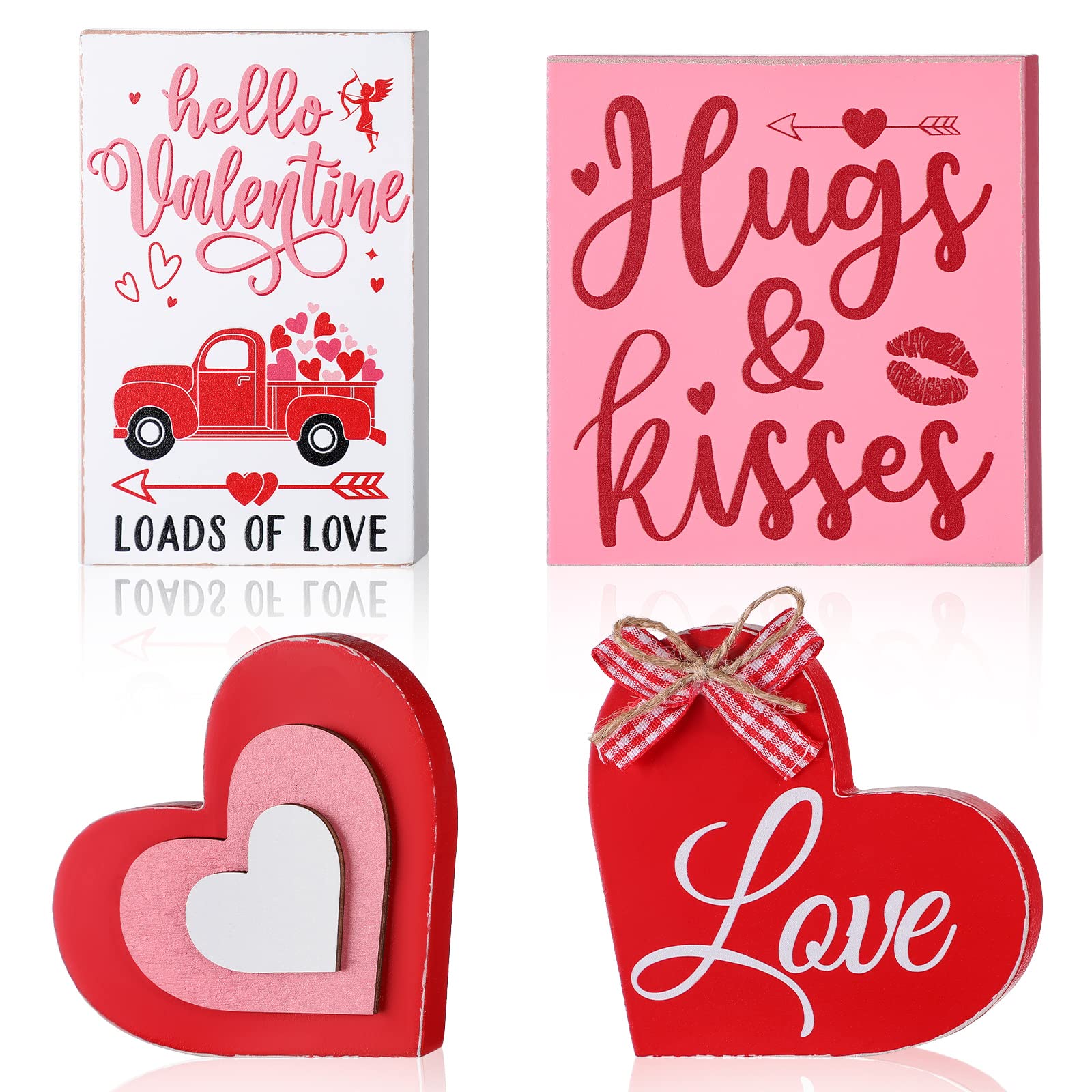 4 Pcs Valentines Day Decor Valentine's Day Wooden Heart Block Romantic Freestanding Truck and Love Arrow Block Table Centerpieces Sign Tiered Tray Table Decorations for Farmhouse Home Shelf