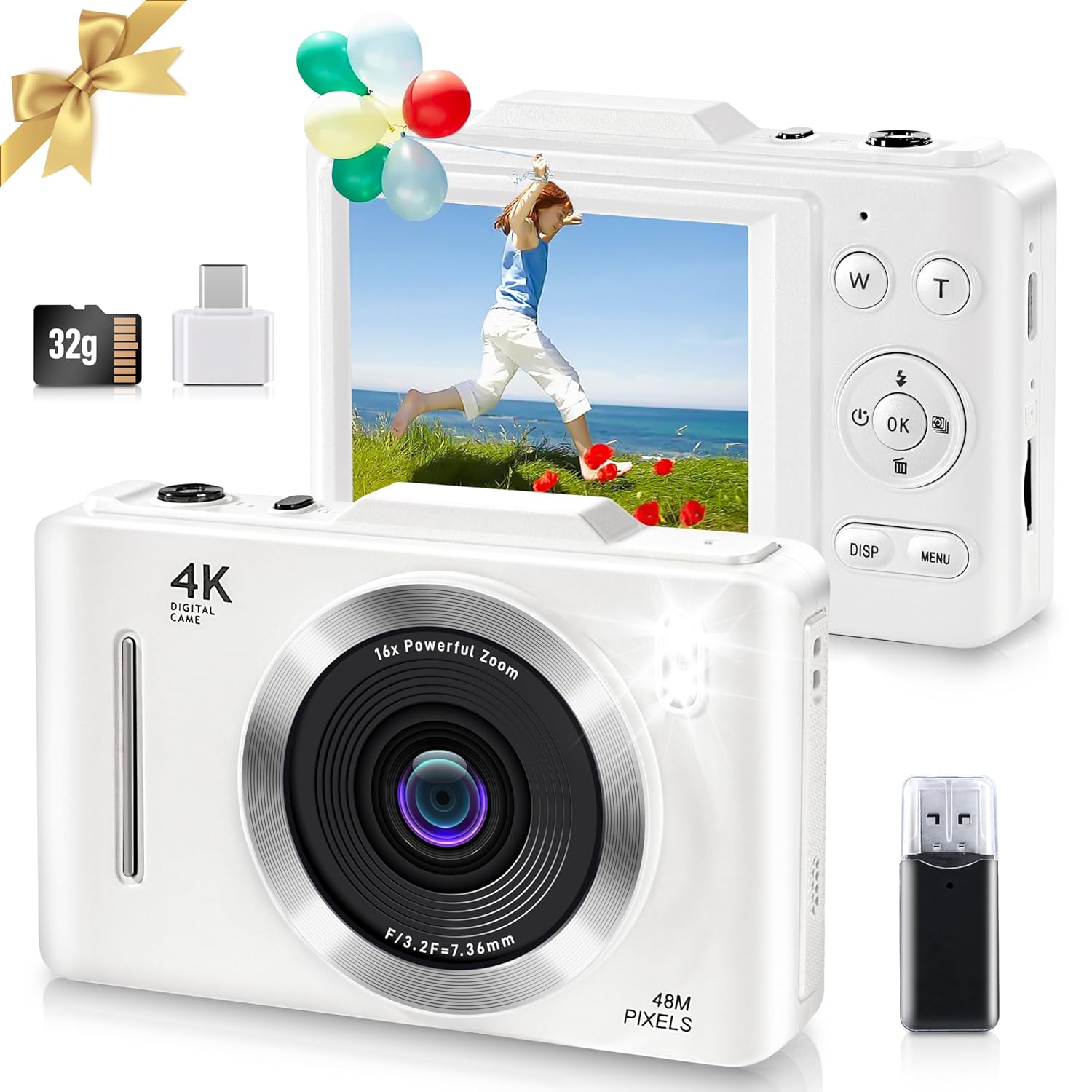 Digital Camera, FHD 1080P Kids Camera Digital with 16x Zoom Anti Shake, 32GB Card, 4K 48MP Portable Compact Point and Shoot Cameras, Vintage Small Camera for Teens Beginner Kids Present (White)