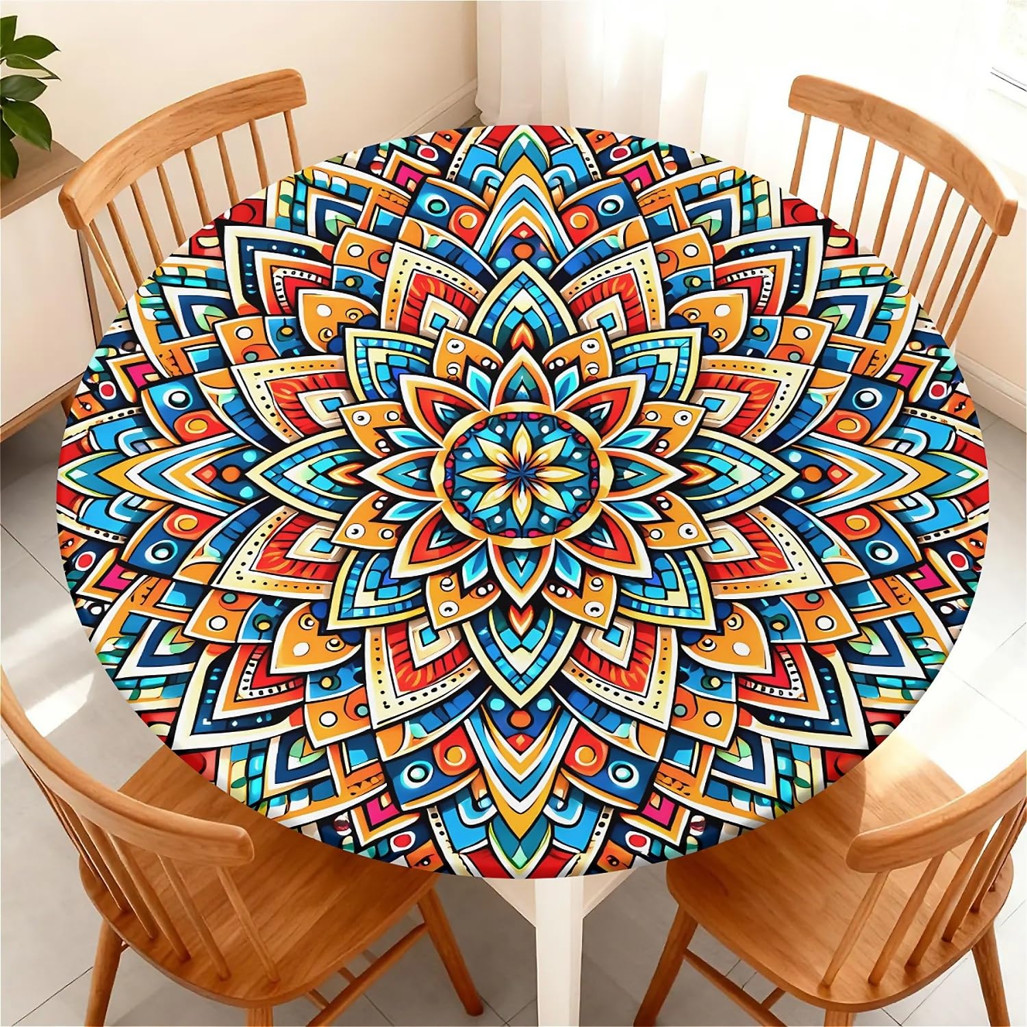 ARTSGOO Fitted Round Tablecloth with Elastic Edge 60 in, Outdoor Table Cloth Waterproof & Stain Resistant, Non-Slip Table Cover for Kitchen/Dining Table/Garden-Floral Mandala