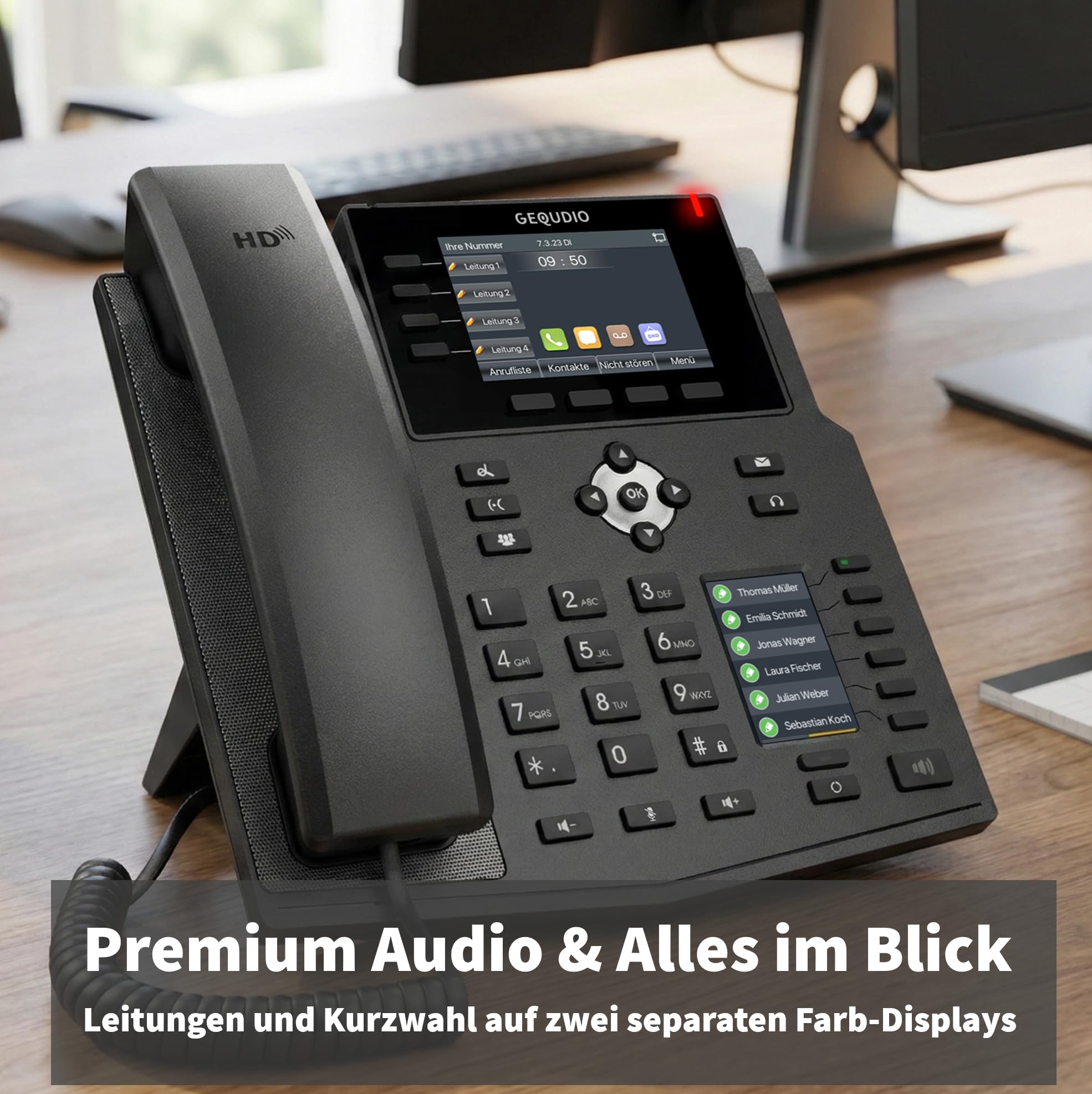 GEQUDIO GX5+ IP Telefon VoIP mit Netzteil für FritzBox, Telekom Speedport | Bluetooth Schnittstelle, 2x Farbdisplay, HD-Freisprechen, 30 Kurzwahltasten, Deutsche Anleitung (PDF)