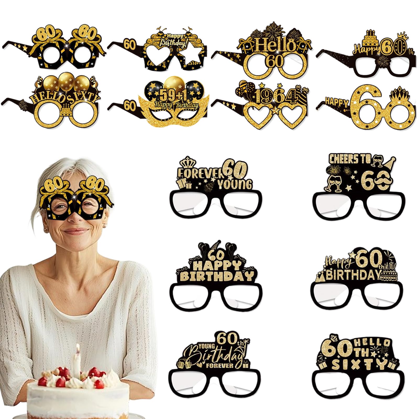 Yirrmiwn 14 PCS 60th Birthday Glasses, 60th Birthday Party Decorations Photo Booth Props for Women and Men Black Gold, Cheers to 60 Years,Party Favors & Decoration Gifts