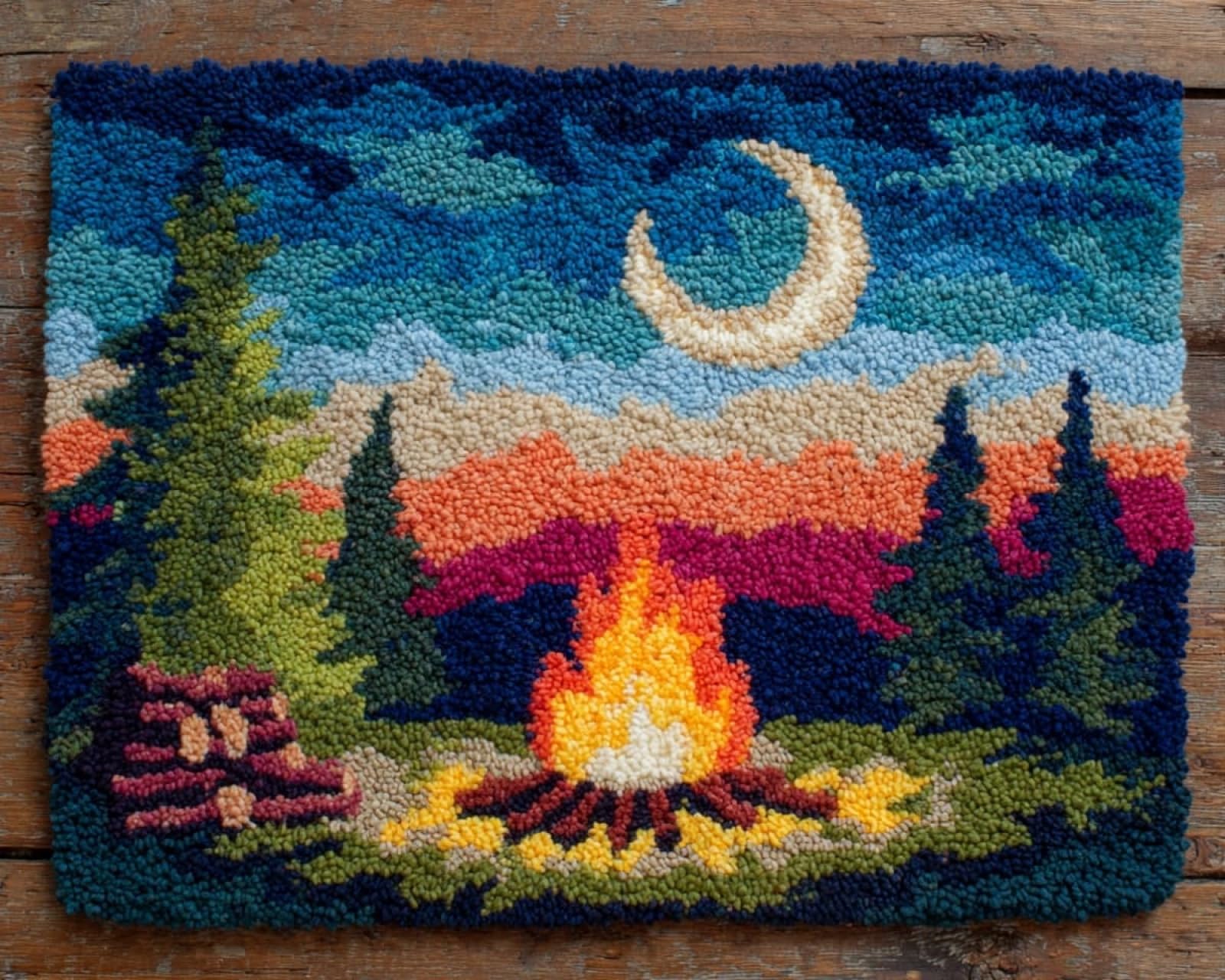 Wallphantom Latch Hook Craft Kits,Forest Bonfire Night View,Doormat Carpet Making Kits,Interlocking Hook Rug Gift Packing DIY for Teenager/Adults with Printed Canvas,90x120cm