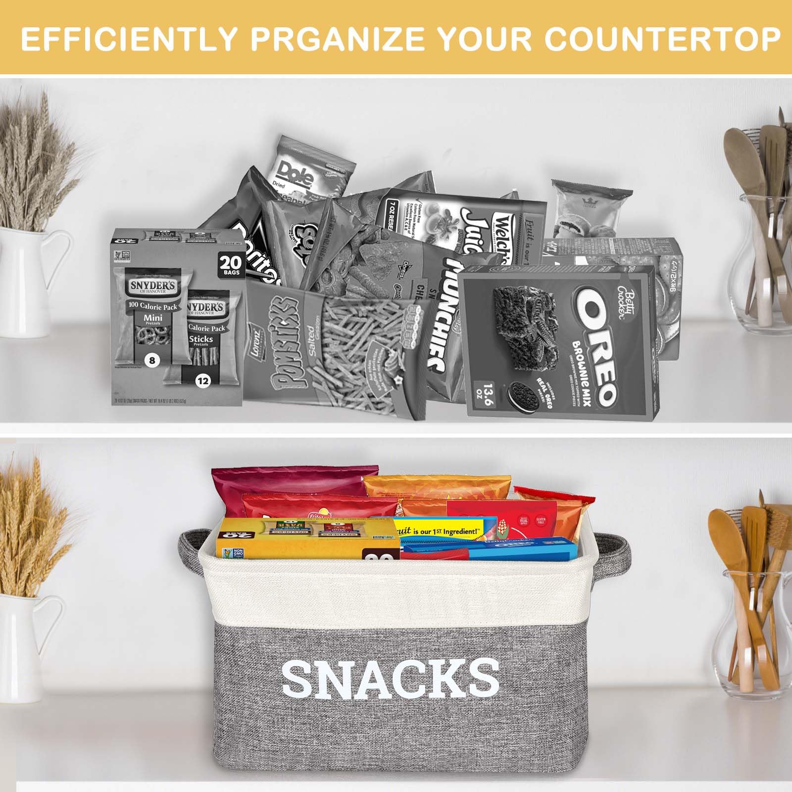 Lukeline Cesto Organizer Per Snack In Tessuto Con Manici, Scritta 'SNACK', Piegevole E Salvaspazio, 38x27x24 Cm, Per Dispensa, Cucina E Ufficio - 2