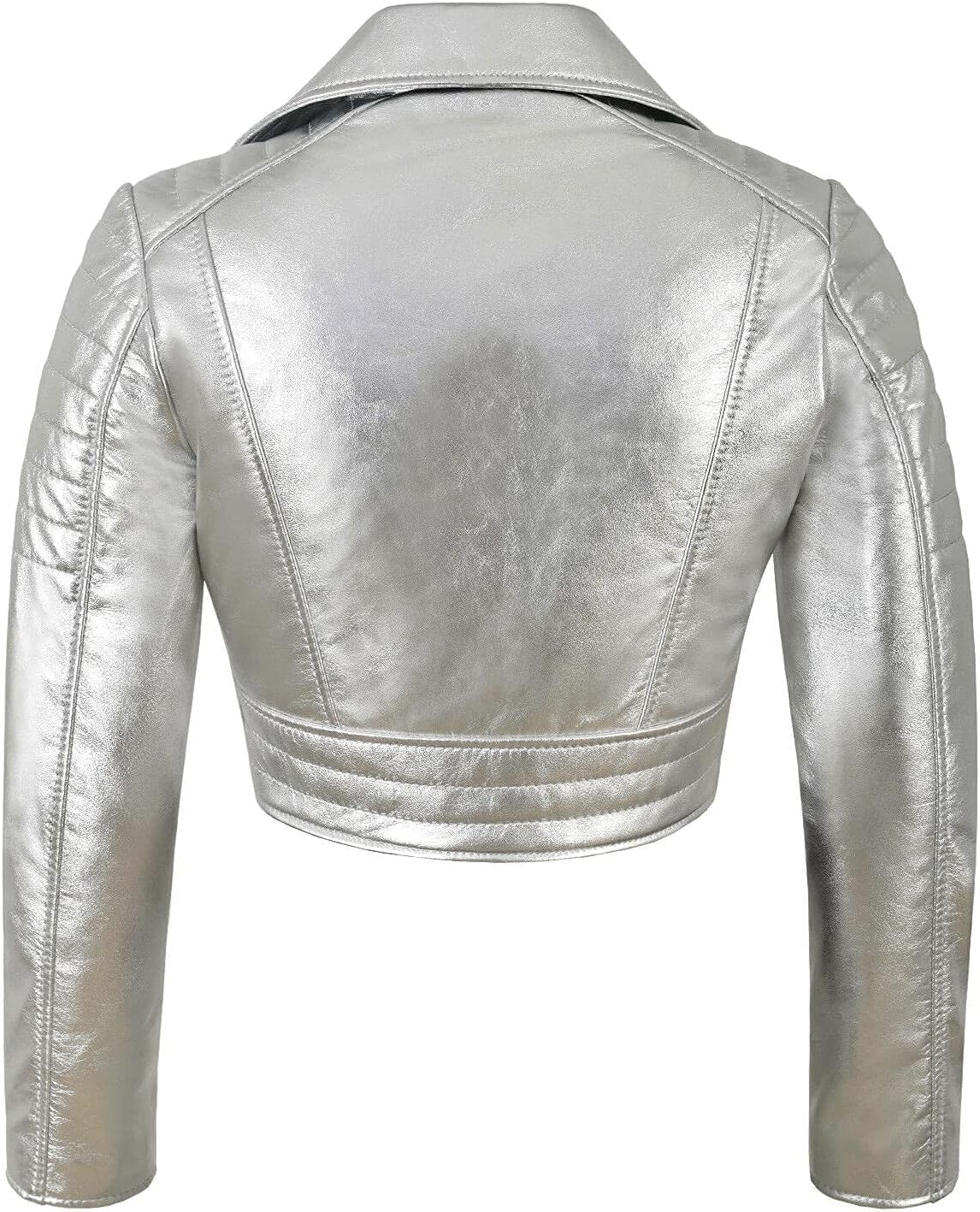 SpazeUp Women's Cropper Leather Jacket - Ladies Short Body Biker Leather Jacket Silver Golden