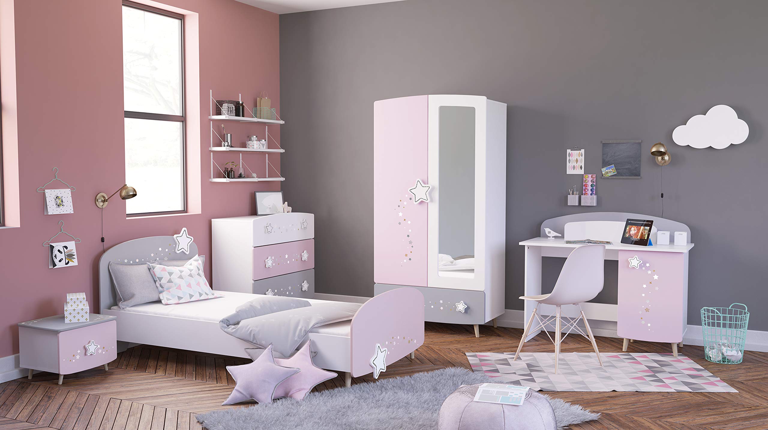 Demeyere Bureau Enfant Fille Rose Pâle avec Etoiles 113,2 cm Rangement Pratique Peinture Non Toxique