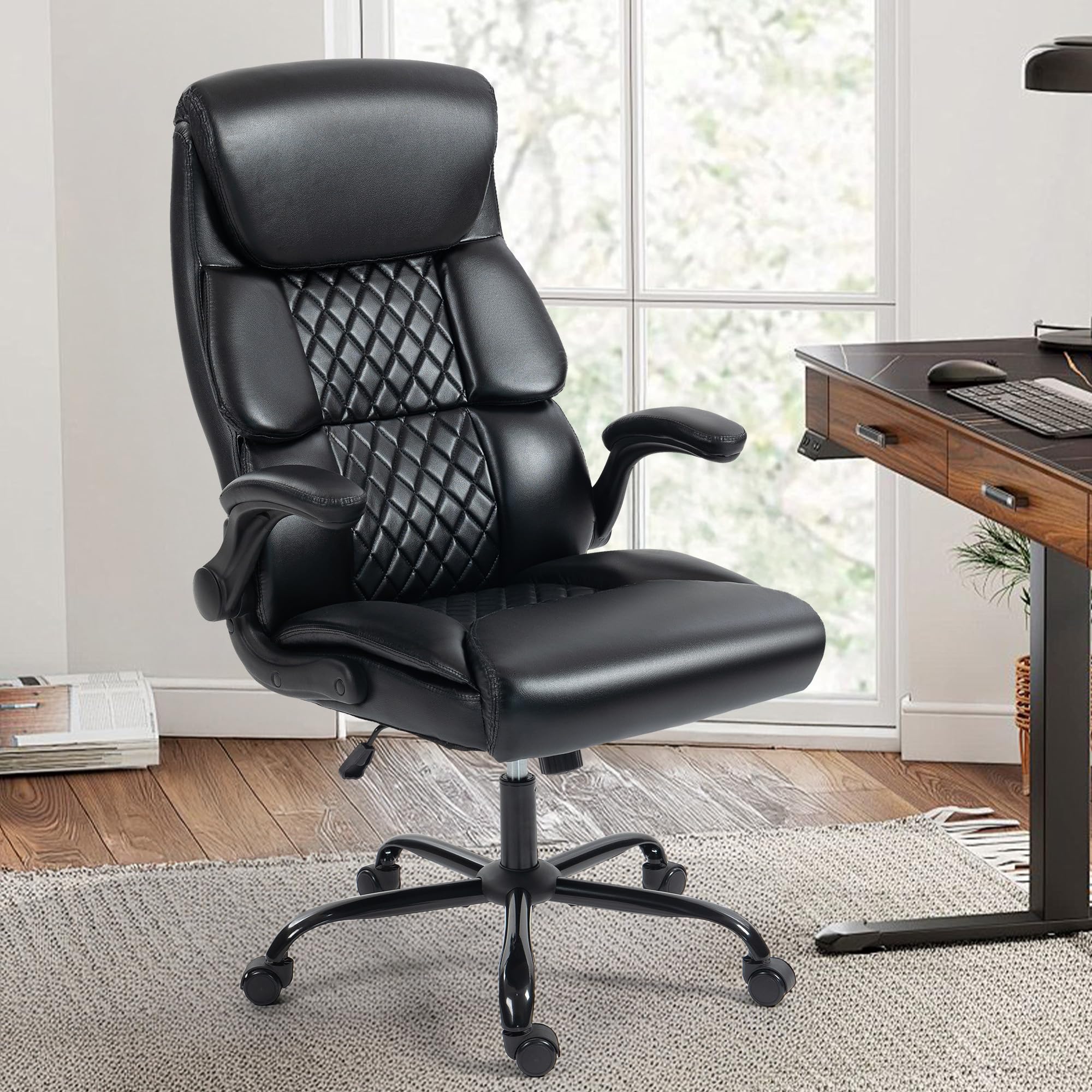 Office Chair - Ergonomic High Back Computer Desk Chair with Rocking Function & Lumbar Support - Executive Comfortable Wide Swivel Rolling Office